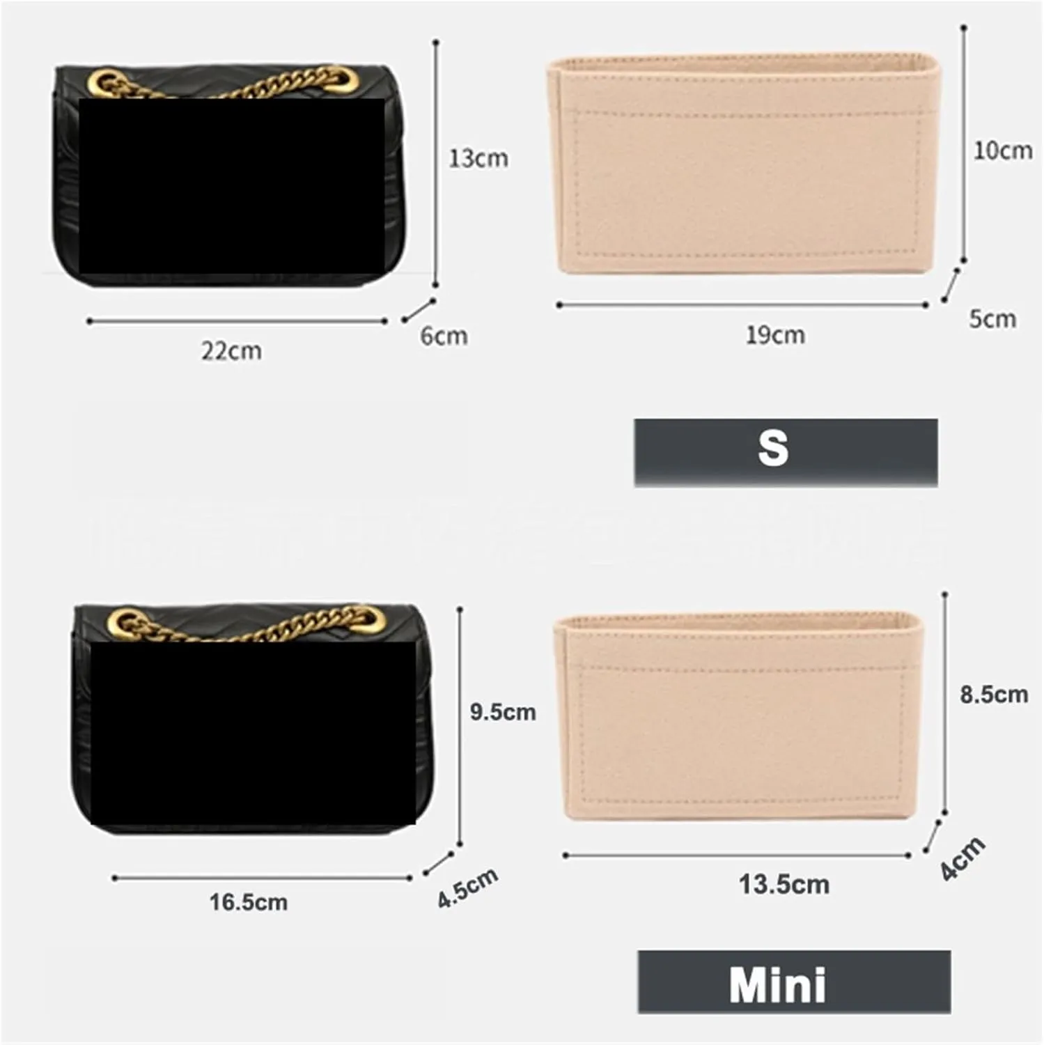 Purse Organizer Insert Felt Cloth Bag Liner Multi-Functional Travel Insert Bag Makeup Organizer Shape Lined(Beige,S 19x10x5cm)