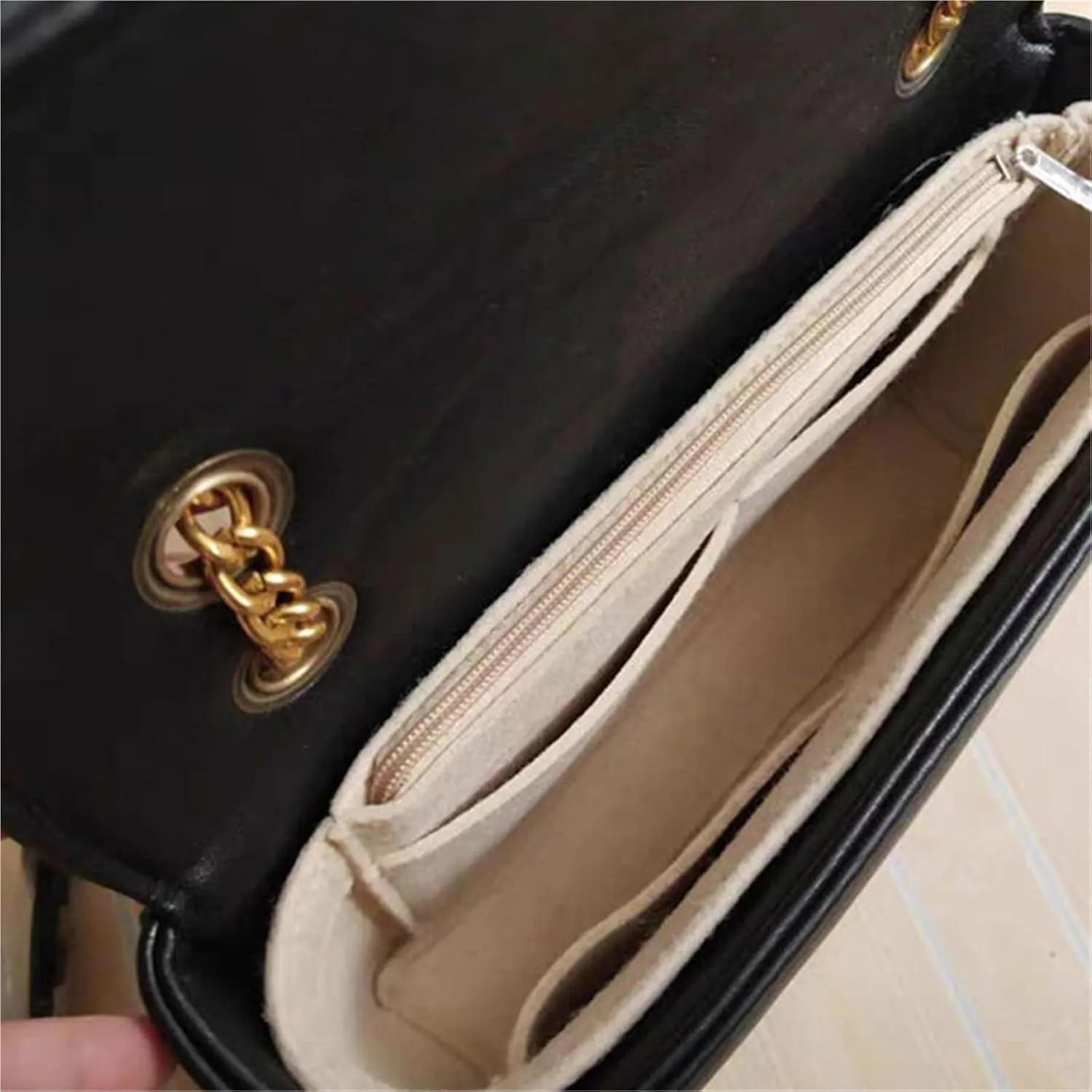 Purse Organizer Insert Felt Cloth Bag Liner Multi-Functional Travel Insert Bag Makeup Organizer Shape Lined(Beige,S 19x10x5cm)