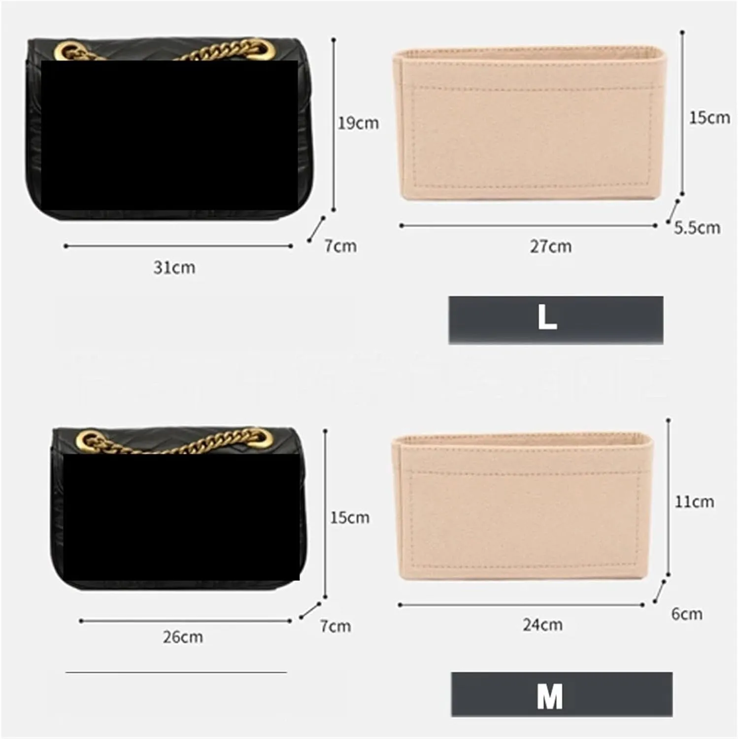Purse Organizer Insert Felt Cloth Bag Liner Multi-Functional Travel Insert Bag Makeup Organizer Shape Lined(Beige,S 19x10x5cm)