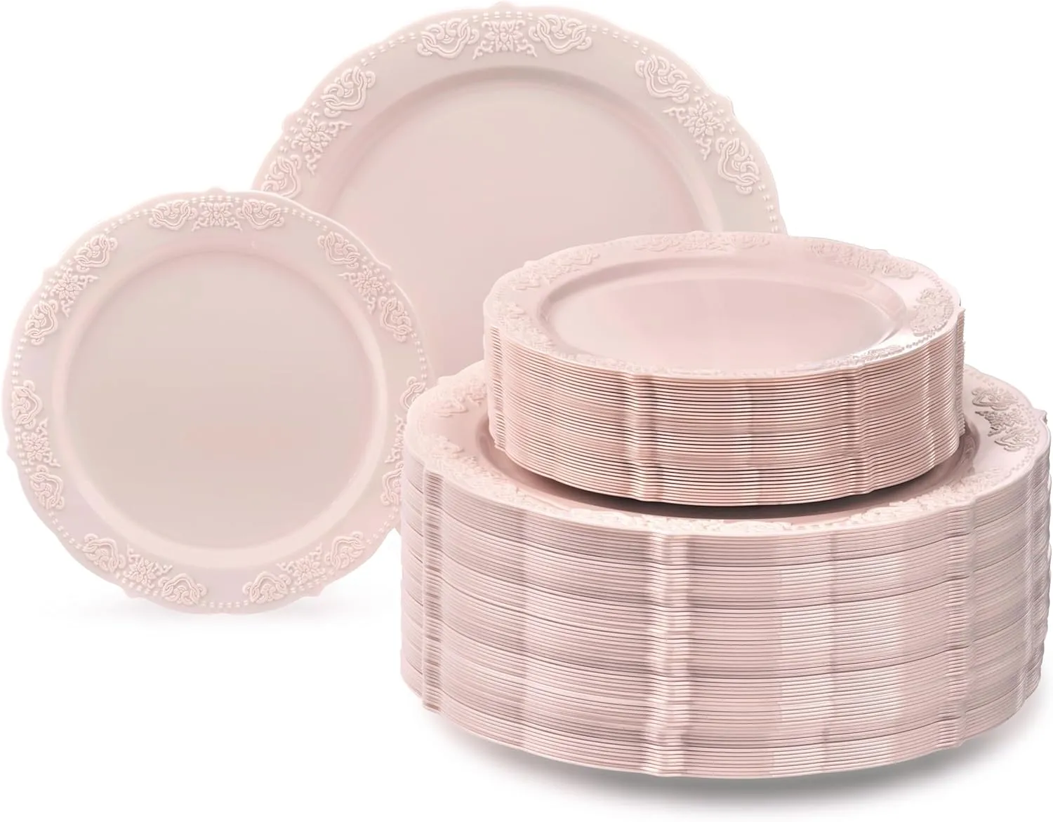" OCCASIONS " 240 Plates Pack,(120 Guests) Vintage Wedding Party Disposable Plastic Plates Set-120x10.25'' Dinner  120x7.5'' Salad/Dessert Plate (Portofino Light Pink/Blush)