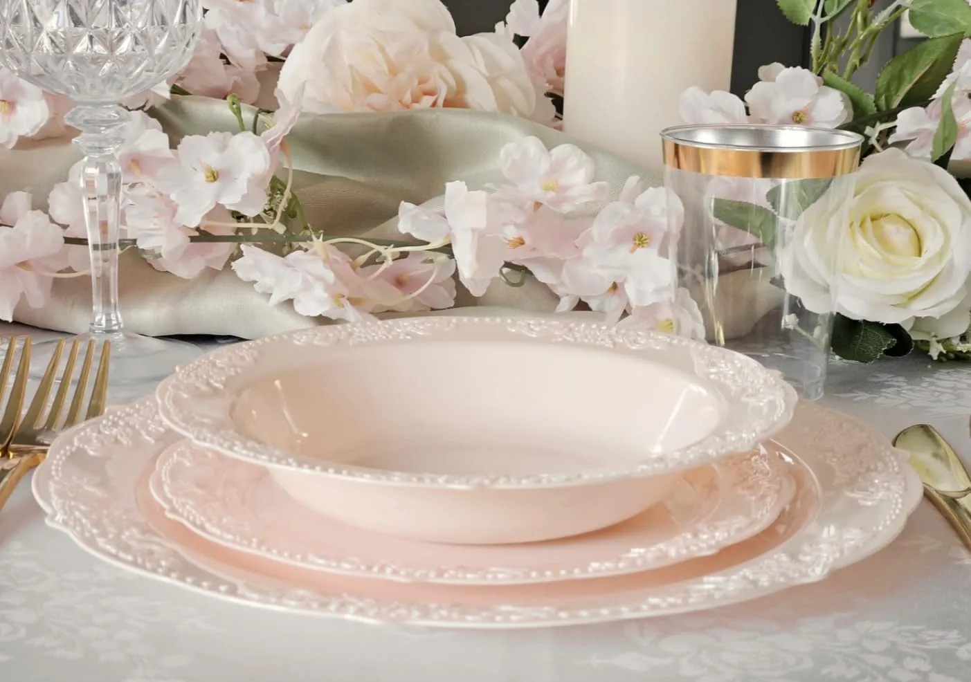 " OCCASIONS " 240 Plates Pack,(120 Guests) Vintage Wedding Party Disposable Plastic Plates Set-120x10.25'' Dinner  120x7.5'' Salad/Dessert Plate (Portofino Light Pink/Blush)