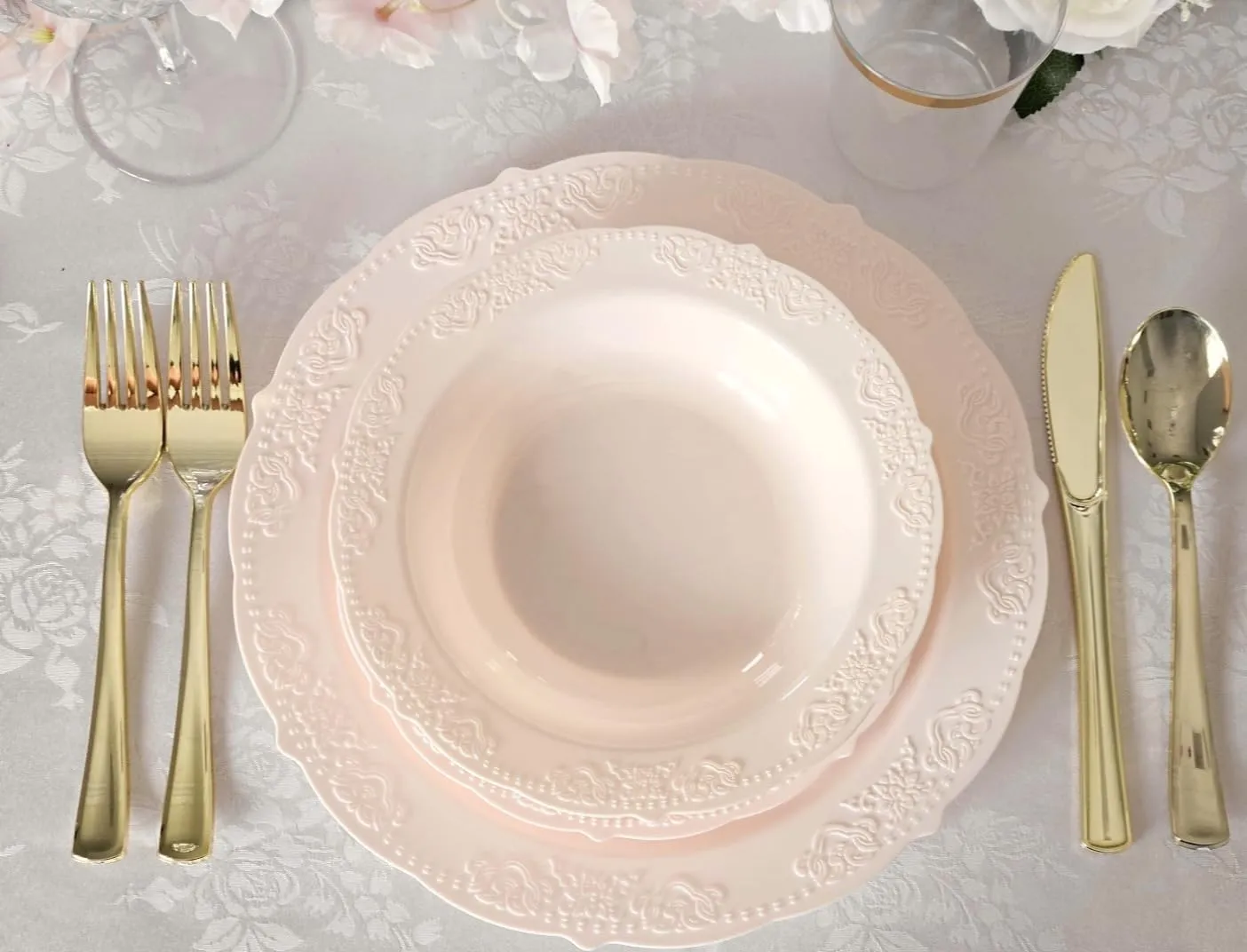 " OCCASIONS " 240 Plates Pack,(120 Guests) Vintage Wedding Party Disposable Plastic Plates Set-120x10.25'' Dinner  120x7.5'' Salad/Dessert Plate (Portofino Light Pink/Blush)