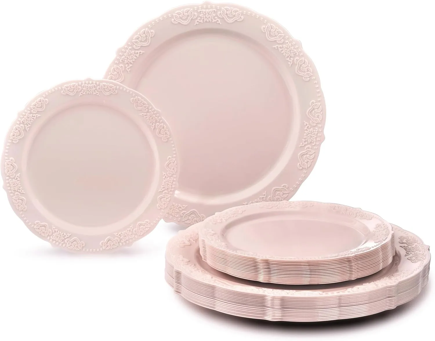 " OCCASIONS " 240 Plates Pack,(120 Guests) Vintage Wedding Party Disposable Plastic Plates Set-120x10.25'' Dinner  120x7.5'' Salad/Dessert Plate (Portofino Light Pink/Blush)