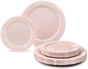 " OCCASIONS " 240 Plates Pack,(120 Guests) Vintage Wedding Party Disposable Plastic Plates Set-120x10.25'' Dinner  120x7.5'' Salad/Dessert Plate (Portofino Light Pink/Blush)