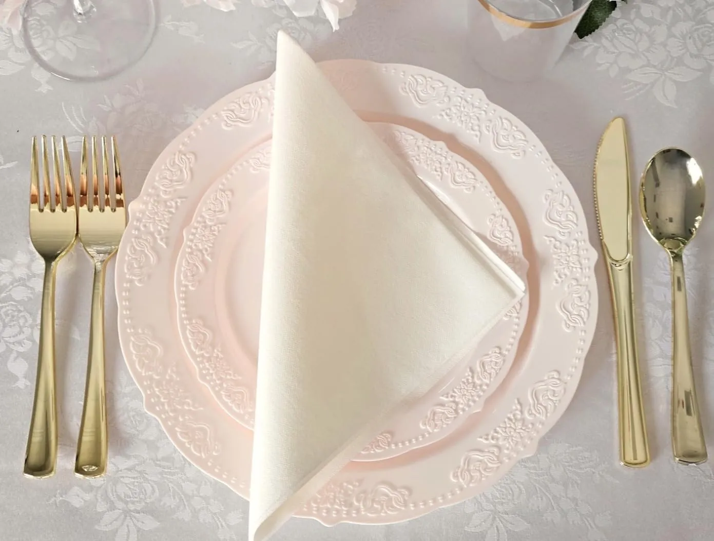 " OCCASIONS " 240 Plates Pack,(120 Guests) Vintage Wedding Party Disposable Plastic Plates Set-120x10.25'' Dinner  120x7.5'' Salad/Dessert Plate (Portofino Light Pink/Blush)