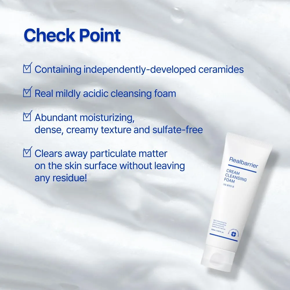 Real Barrier | Cream Cleansing Foam | Skin Barrier Face Wash | Sulfate-Free Amino Acid Moisturizing Face Cleanser | Ceramide Korean Facial Wash | Facial Cleanser for Women and Men | 4.05 fl oz (120ml)