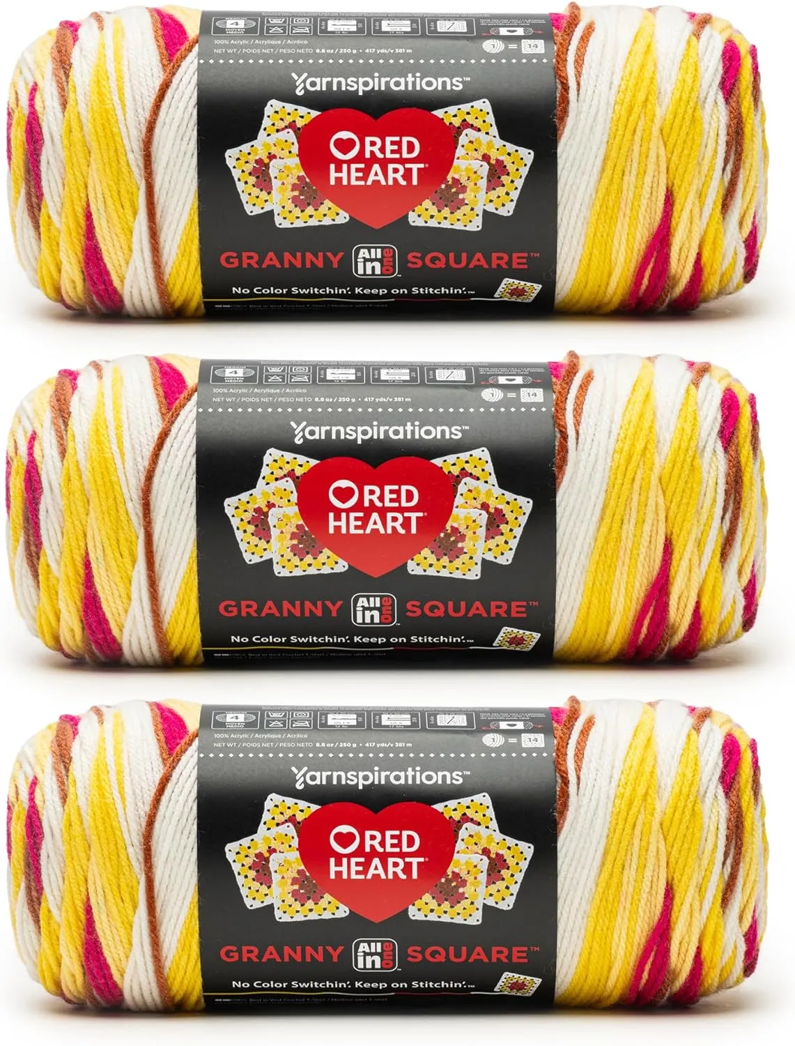 Red Heart All in ONE Granny Square Buttercup Blush Yarn - 3 Pack of 8.8oz/250g - 100% Acrylic - #4 Worsted (Medium) - 440 Yards - Knitting/Crochet