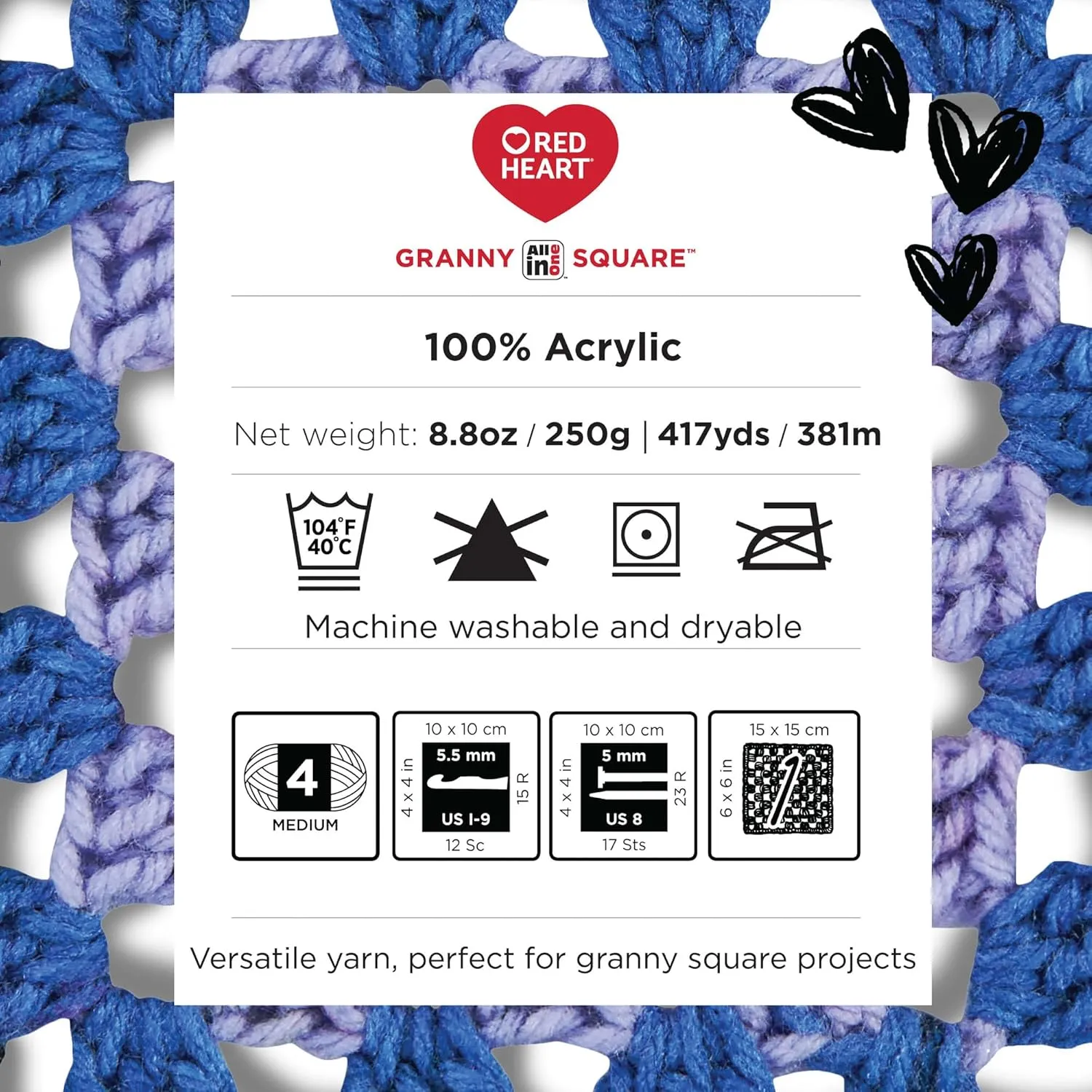 Red Heart All in ONE Granny Square Buttercup Blush Yarn - 3 Pack of 8.8oz/250g - 100% Acrylic - #4 Worsted (Medium) - 440 Yards - Knitting/Crochet
