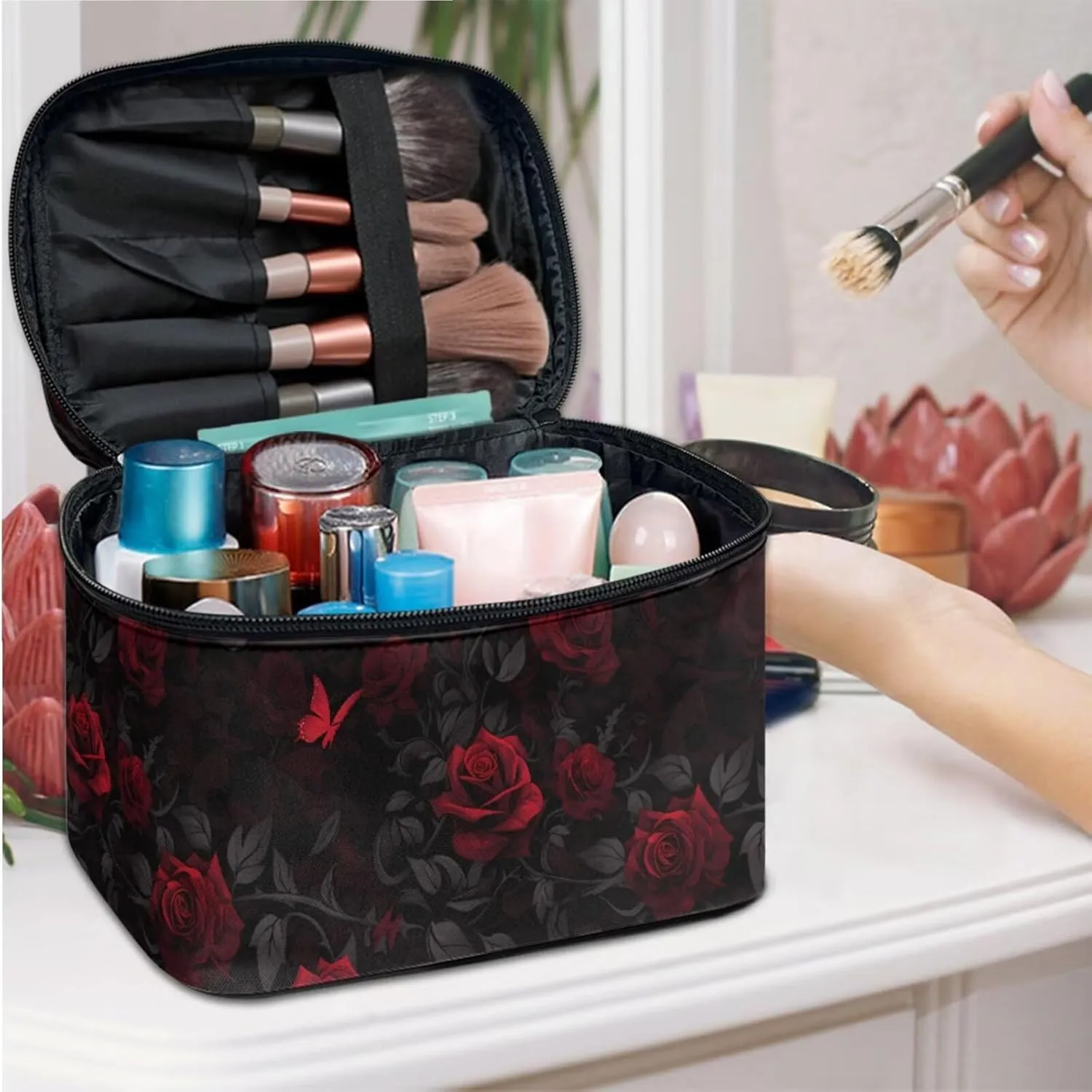 Red Rose Butterfly Travel Makeup Bag Portable Cosmetic Pouch for Women, Rose Flower Bush Print Toiletry Bag for Cosmetics Toiletries Accessories