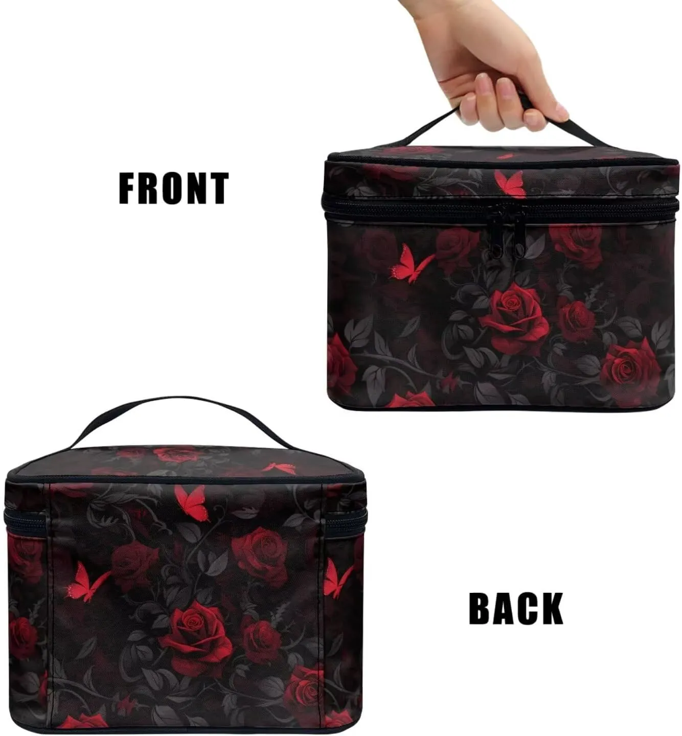Red Rose Butterfly Travel Makeup Bag Portable Cosmetic Pouch for Women, Rose Flower Bush Print Toiletry Bag for Cosmetics Toiletries Accessories