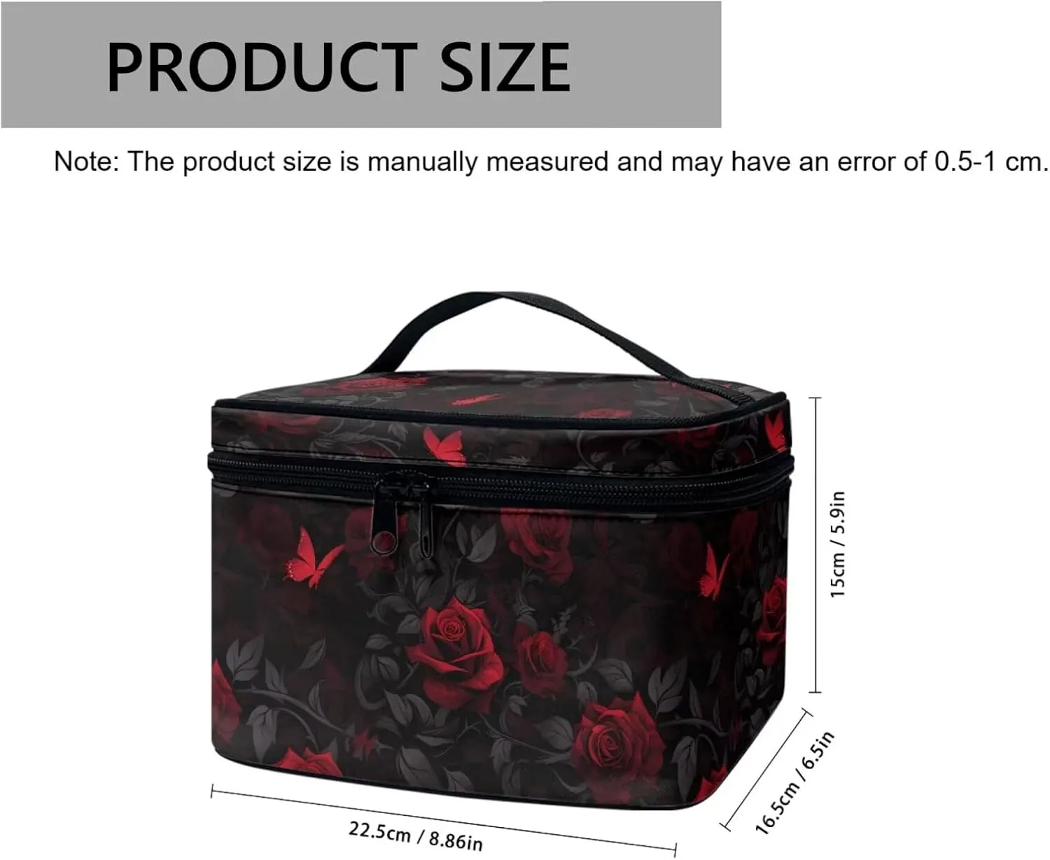 Red Rose Butterfly Travel Makeup Bag Portable Cosmetic Pouch for Women, Rose Flower Bush Print Toiletry Bag for Cosmetics Toiletries Accessories