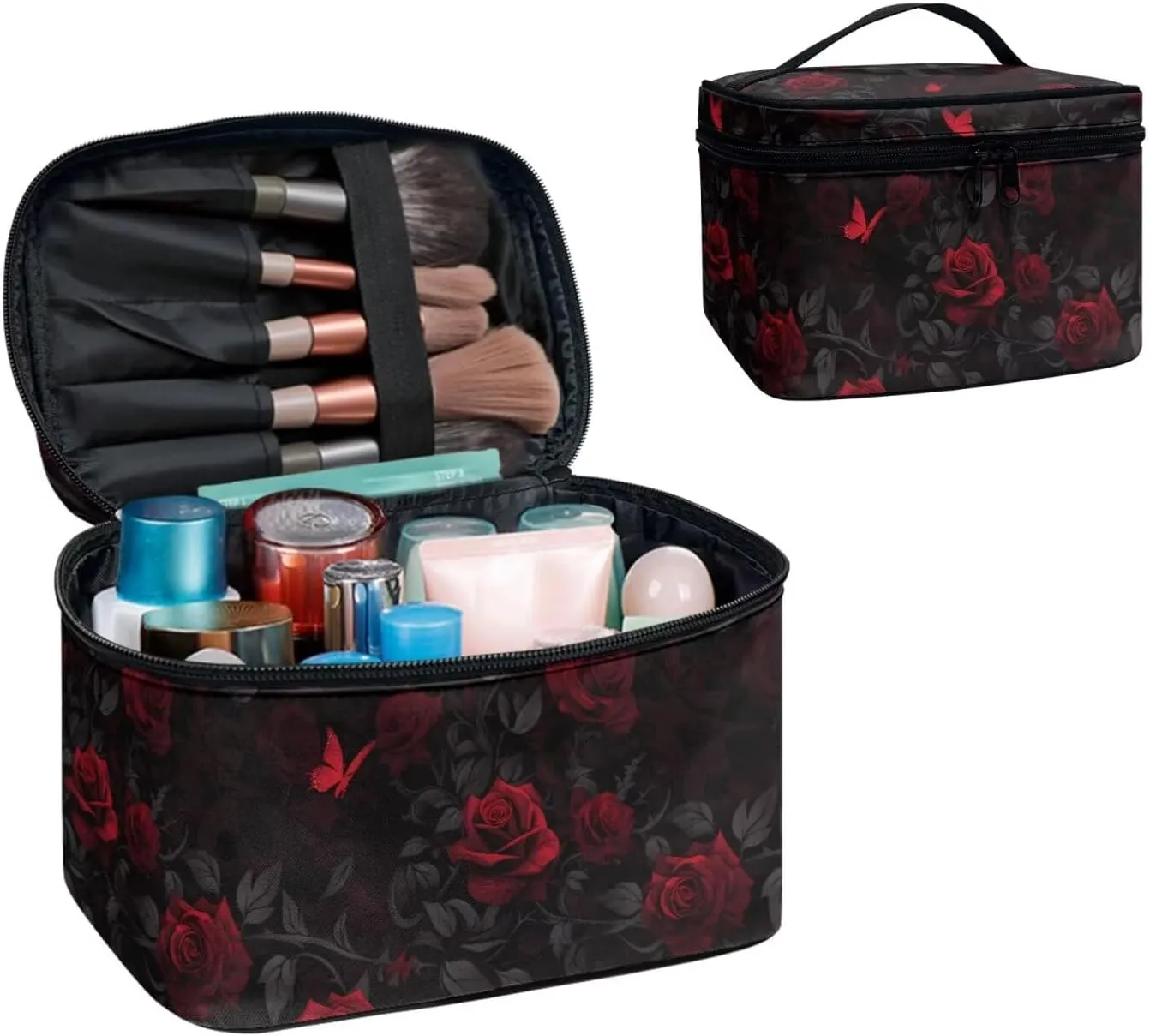 Red Rose Butterfly Travel Makeup Bag Portable Cosmetic Pouch for Women, Rose Flower Bush Print Toiletry Bag for Cosmetics Toiletries Accessories