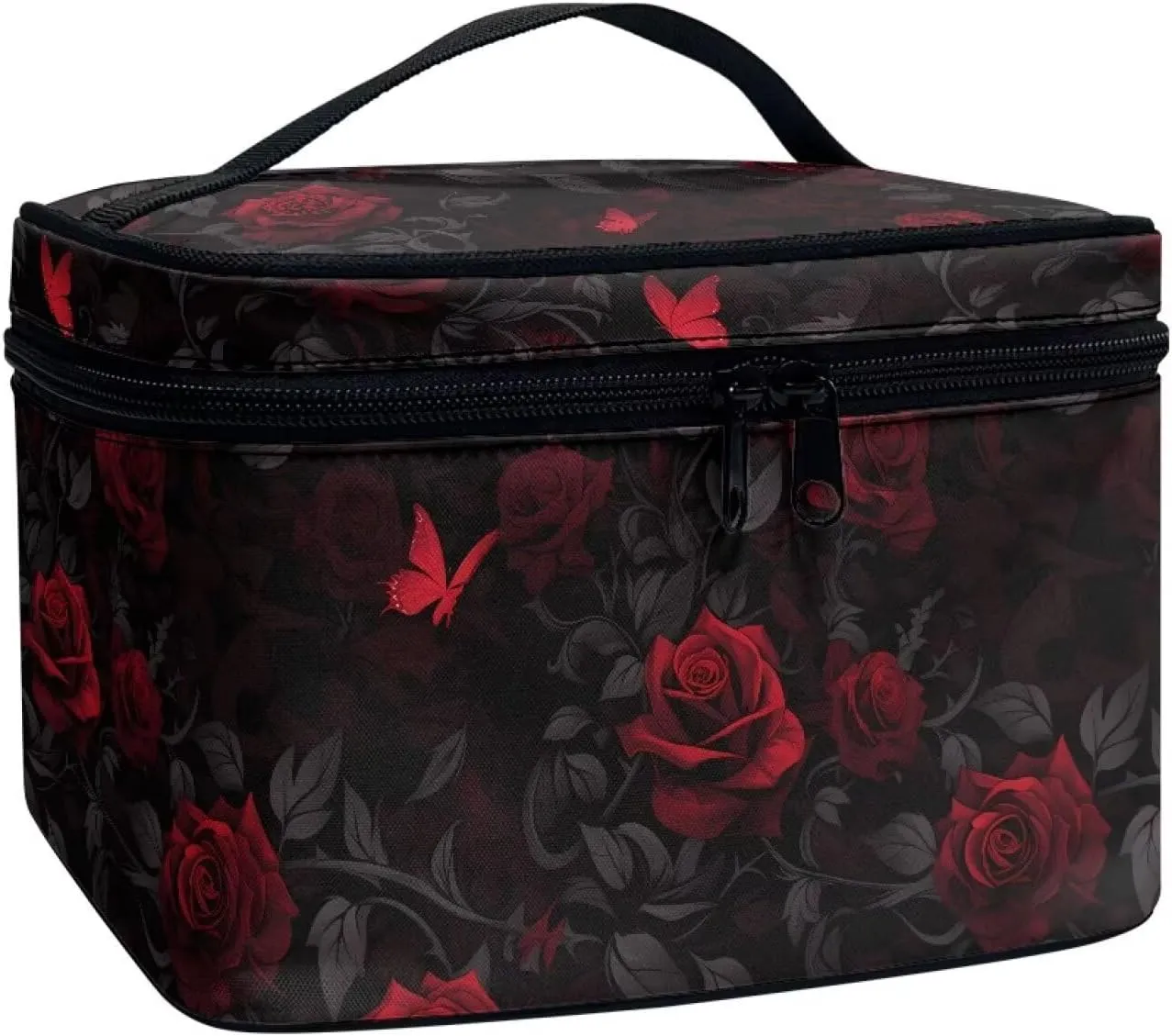 Red Rose Butterfly Travel Makeup Bag Portable Cosmetic Pouch for Women, Rose Flower Bush Print Toiletry Bag for Cosmetics Toiletries Accessories