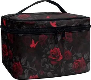 Red Rose Butterfly Travel Makeup Bag Portable Cosmetic Pouch for Women, Rose Flower Bush Print Toiletry Bag for Cosmetics Toiletries Accessories