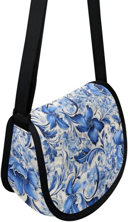 Red Rose Women Small Crossbody Bag Butterfly Flower Casual Satchel Tribal Ethnic Semi Circle Bag with Zipper Pocket