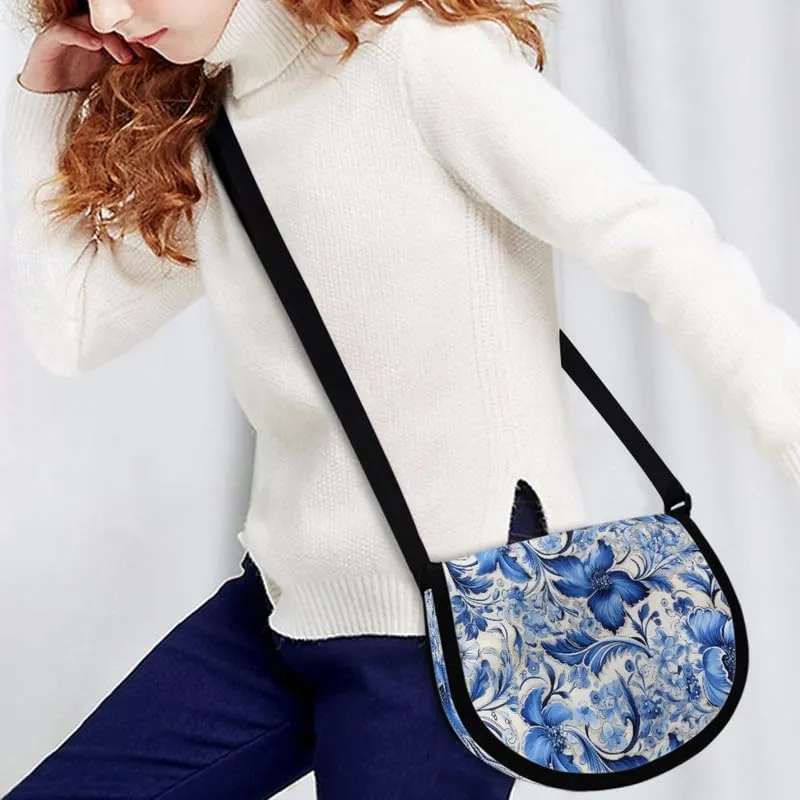 Red Rose Women Small Crossbody Bag Butterfly Flower Casual Satchel Tribal Ethnic Semi Circle Bag with Zipper Pocket