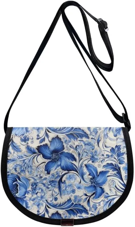 Red Rose Women Small Crossbody Bag Butterfly Flower Casual Satchel Tribal Ethnic Semi Circle Bag with Zipper Pocket