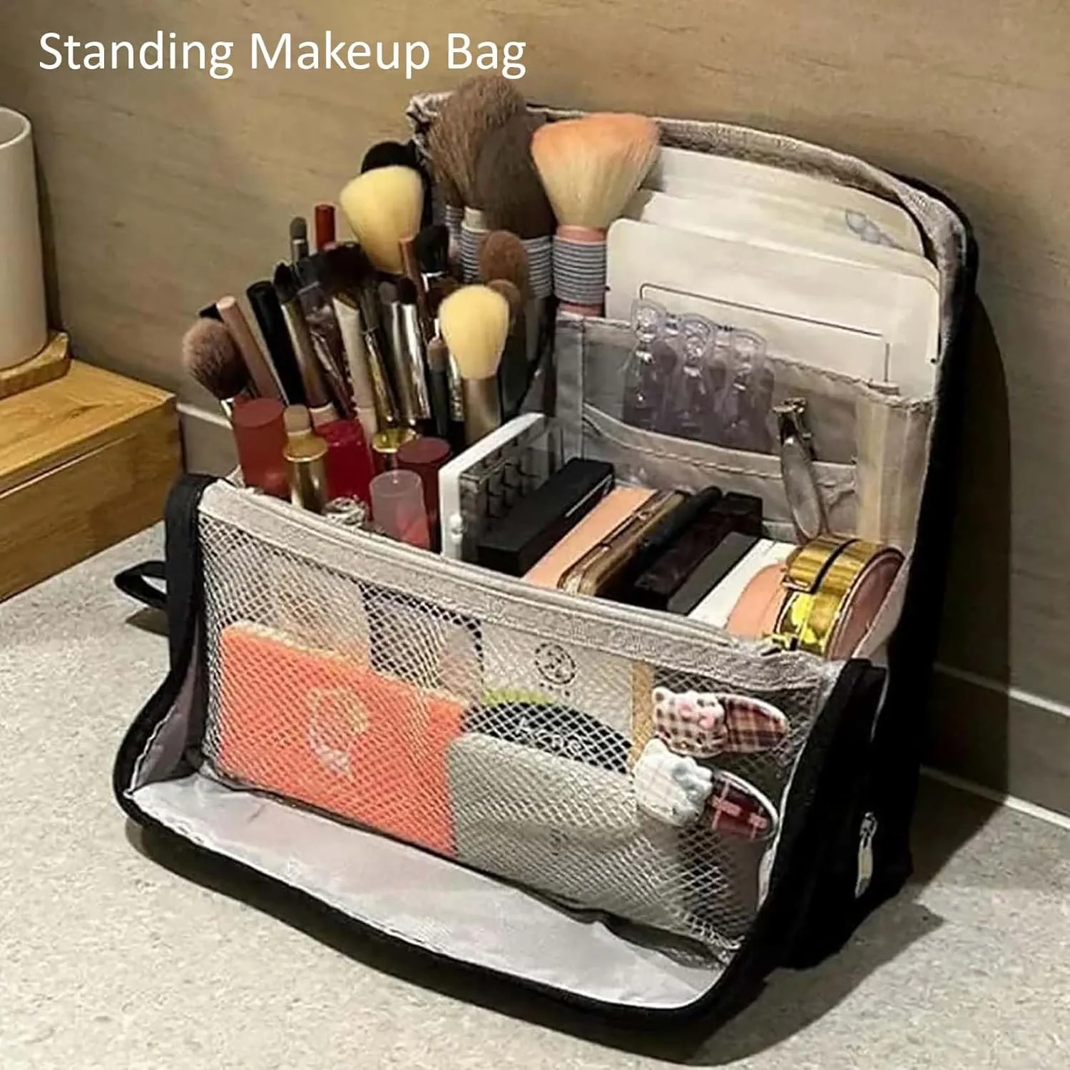 Relevanton Standing Makeup Bag Portable, Large Capacity, Multi-Purpose Large Capacity Oxford Cloth Standing Make Up Bag, Waterproof Cosmetic Toiletry Bag with 8 Compartments (Black - B)