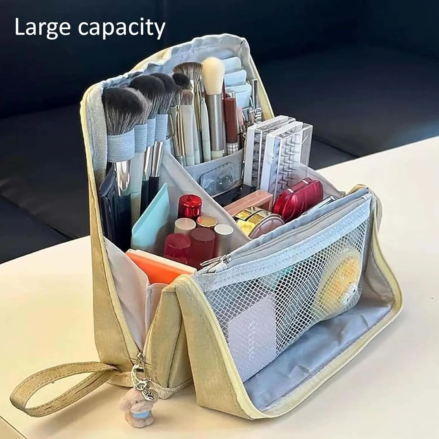Relevanton Standing Makeup Bag Portable, Large Capacity, Multi-Purpose Large Capacity Oxford Cloth Standing Make Up Bag, Waterproof Cosmetic Toiletry Bag with 8 Compartments (Black - B)