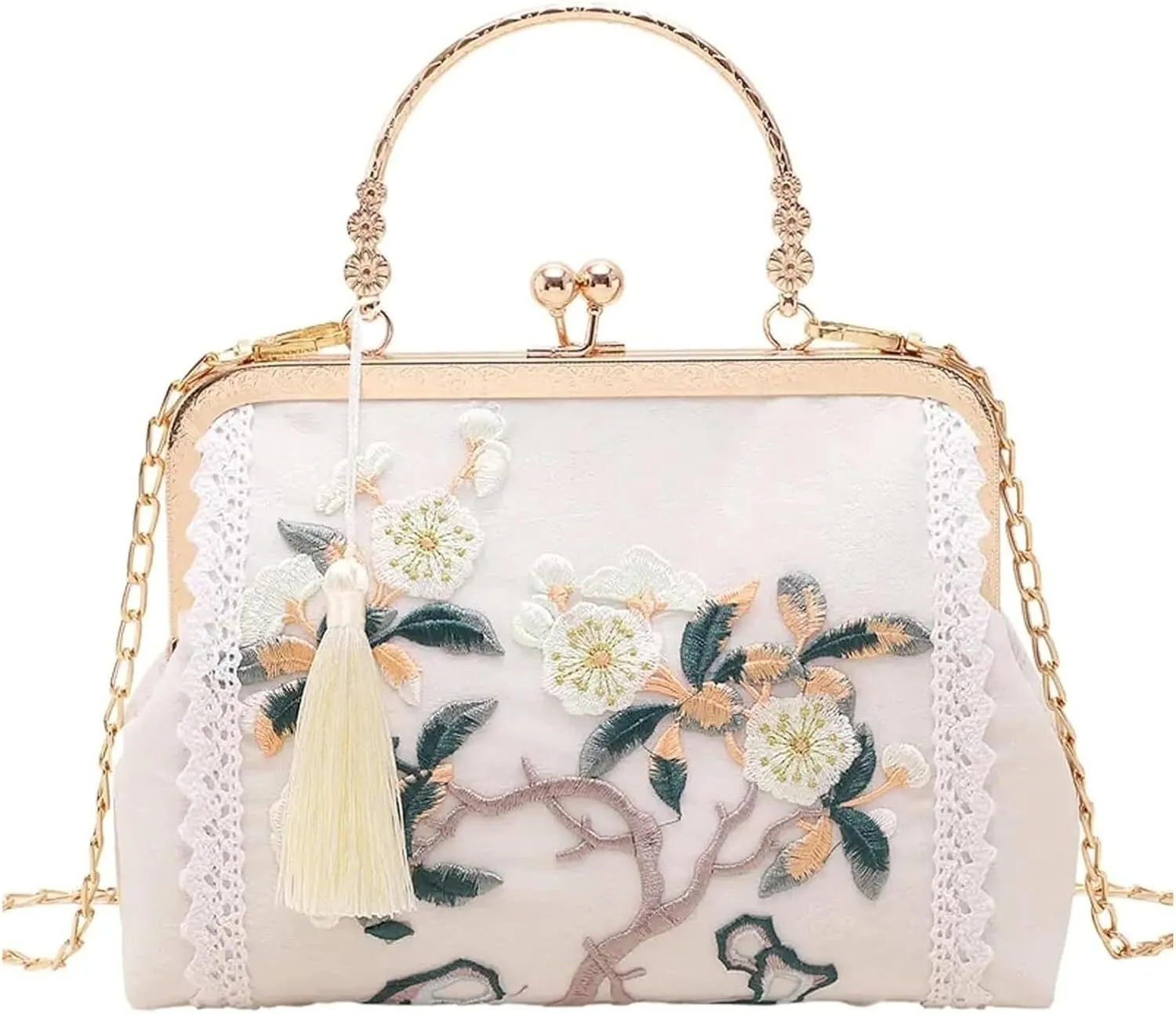 Retro Chinese Style Crane Embroidered Jacquard Shoulder Chain Messenger Evening Bag for Women