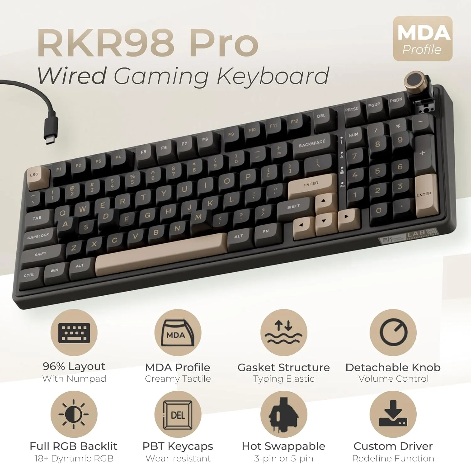 RK ROYAL KLUDGE R98 Pro Creamy Gaming Keyboard, 96% Wired Mechanical Keyboard RGB Backlit with Number Pad and Volume Knob, Gasket Mount, MDA Profile PBT Keycaps, Hot Swappable Pre-lubed Linear Switch