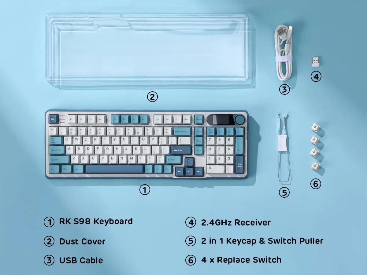 RK ROYAL KLUDGE S98 Mechanical Keyboard w/Smart Display & Knob, Top Mount 96% Wireless Mechanical Keyboard BT/2.4G/USB-C, Hot Swappable, Software Support, Creamy Sounding, 98 Keys