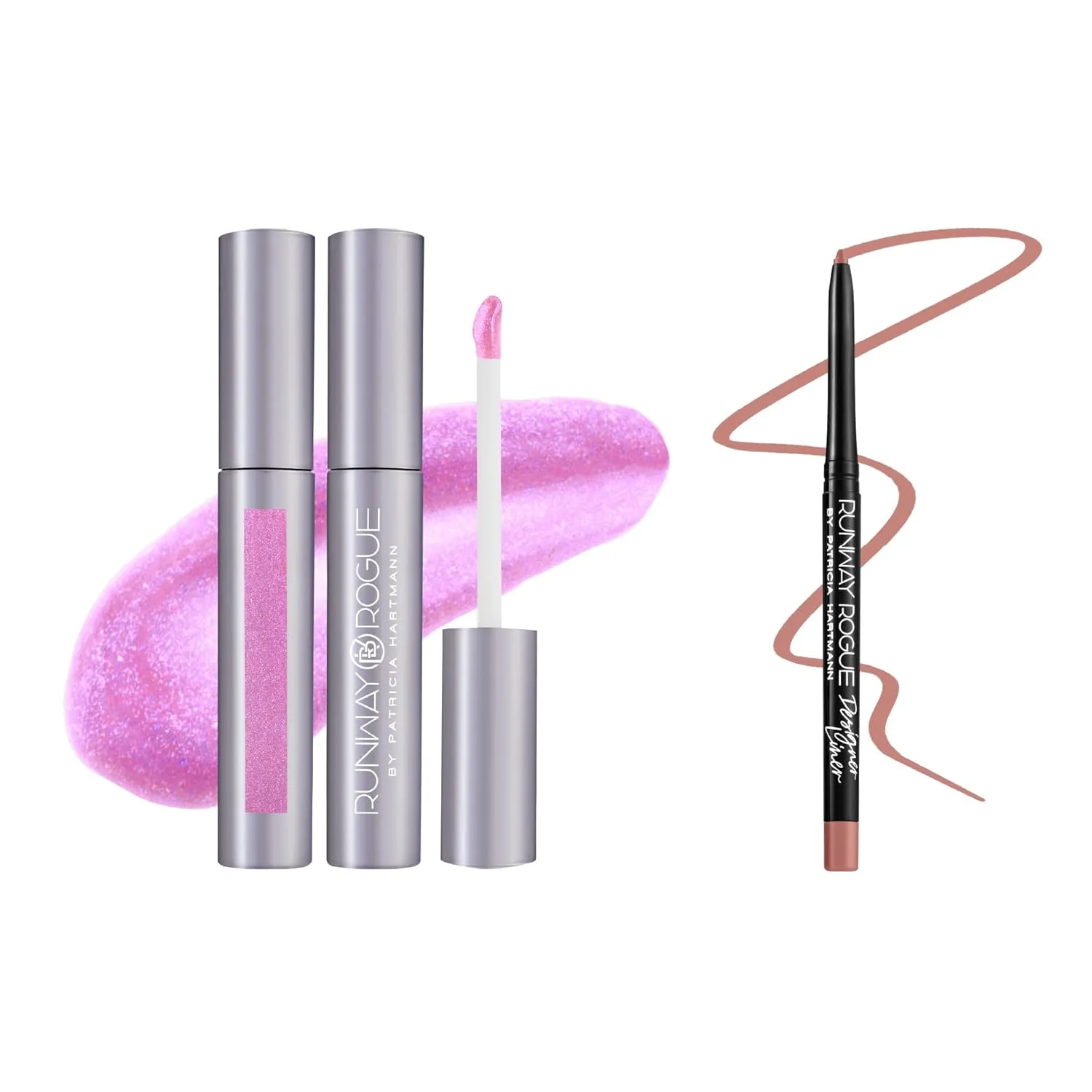 Runway Rogue Classic Gloss ‘Purple Haze’, Sheer Pale-Purple Hydrating Iridescent Shimmer Lip Gloss with Spotlight, Matte Light-Beige Lip Liner and Sharpener