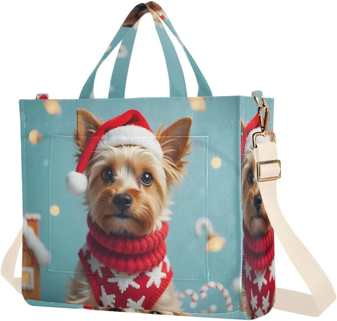 Serious Christmas Dog Corduroy Tote Versatile Shoulder Bag for Women with Zipper Magnetic Clasp