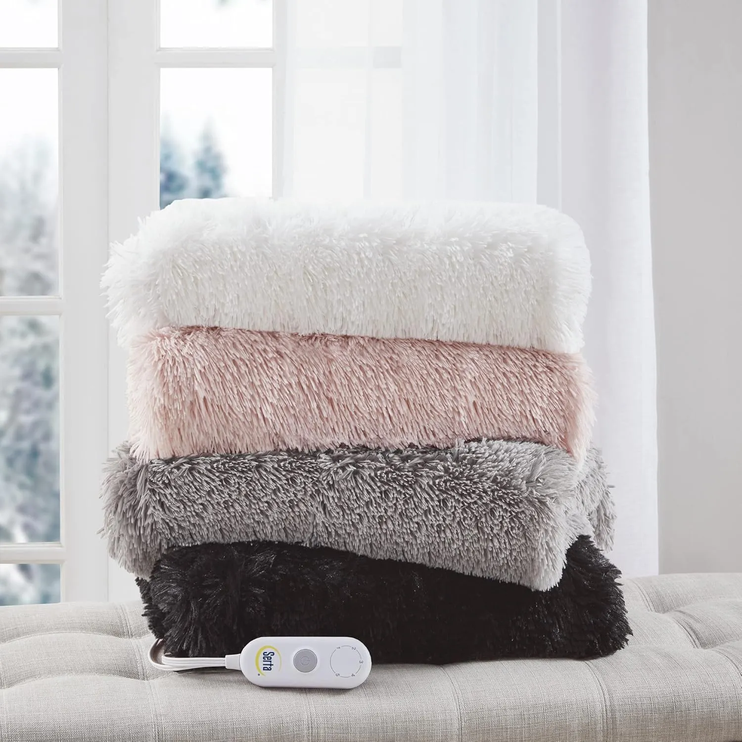 Serta Mila Shaggy Heated Throw Blanket - Soft Faux Fur Heated Blanket, Fast Heating, Auto Shut Off Timer, Low EMF, 5 Heat Setting, ETL Certified, Machine Washable Electric Blanket, Blush 50"x60"