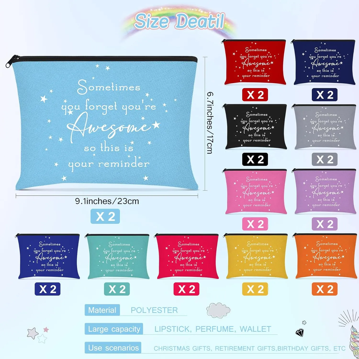 Sieral 24 Pcs Inspirational Makeup Bag Appreciation Nurse Gift for Women You're Awesome Cosmetic Bags Employee Motivational Gifts for Coworkers Teacher Mom Assistant Nurse(Bright Color)