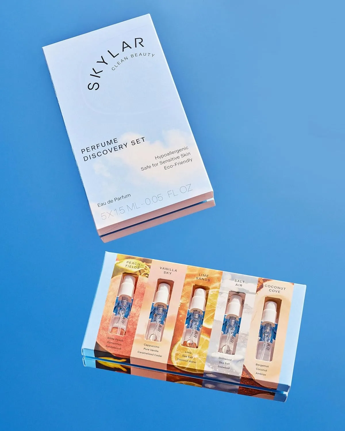 Skylar Eau de Parfum Discovery Spray Sampler Gift Set - Hypoallergenic & Clean Perfume for Women & Men- Peach Fields- Vanilla Sky, Lime Sands, Salt Air, Coconut Cove - 5 1.5mL Spray Bottles