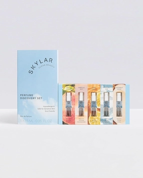 Skylar Eau de Parfum Discovery Spray Sampler Gift Set - Hypoallergenic & Clean Perfume for Women & Men- Peach Fields- Vanilla Sky, Lime Sands, Salt Air, Coconut Cove - 5 1.5mL Spray Bottles