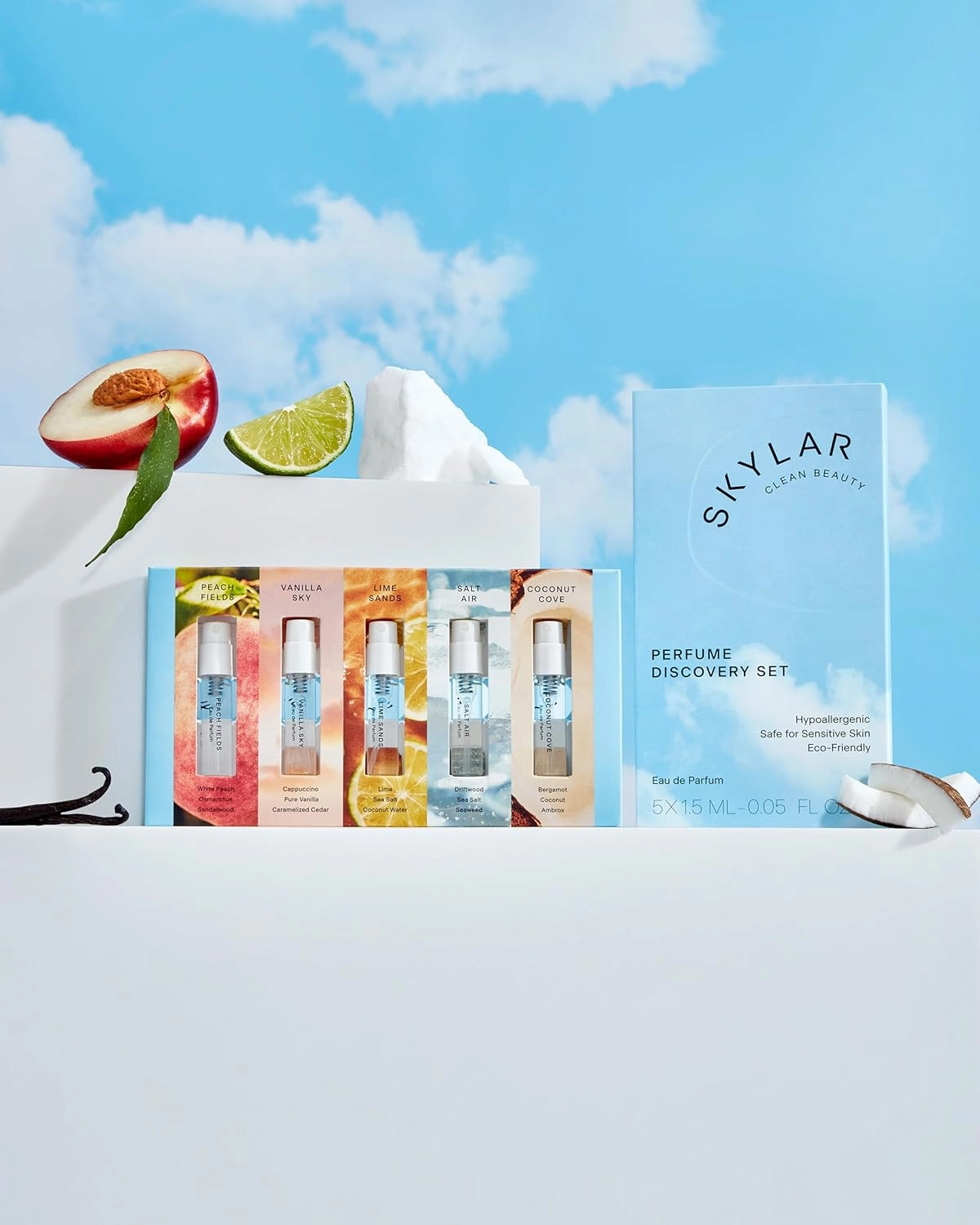 Skylar Eau de Parfum Discovery Spray Sampler Gift Set - Hypoallergenic & Clean Perfume for Women & Men- Peach Fields- Vanilla Sky, Lime Sands, Salt Air, Coconut Cove - 5 1.5mL Spray Bottles