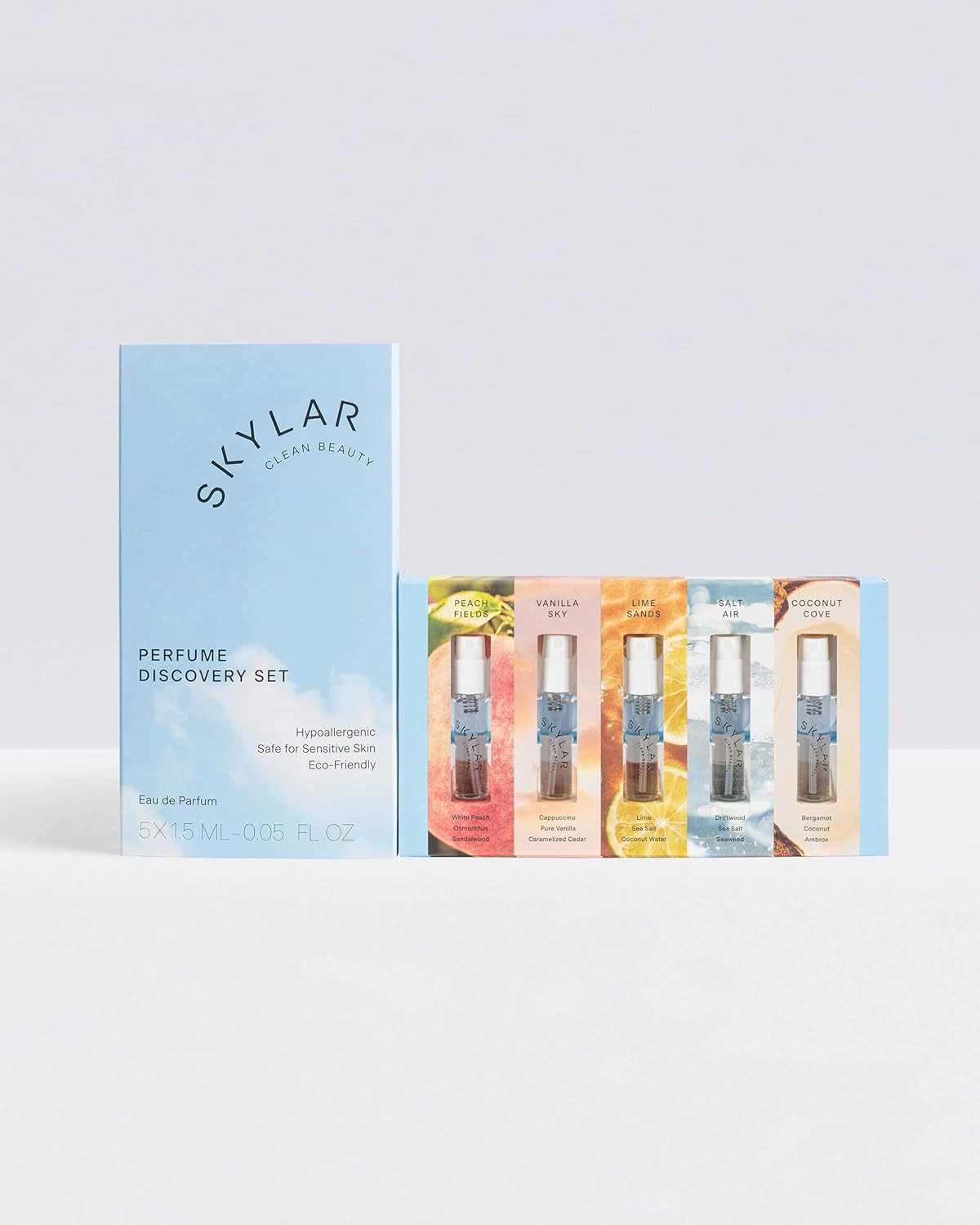 Skylar Eau de Parfum Discovery Spray Sampler Gift Set - Hypoallergenic & Clean Perfume for Women & Men- Peach Fields- Vanilla Sky, Lime Sands, Salt Air, Coconut Cove - 5 1.5mL Spray Bottles
