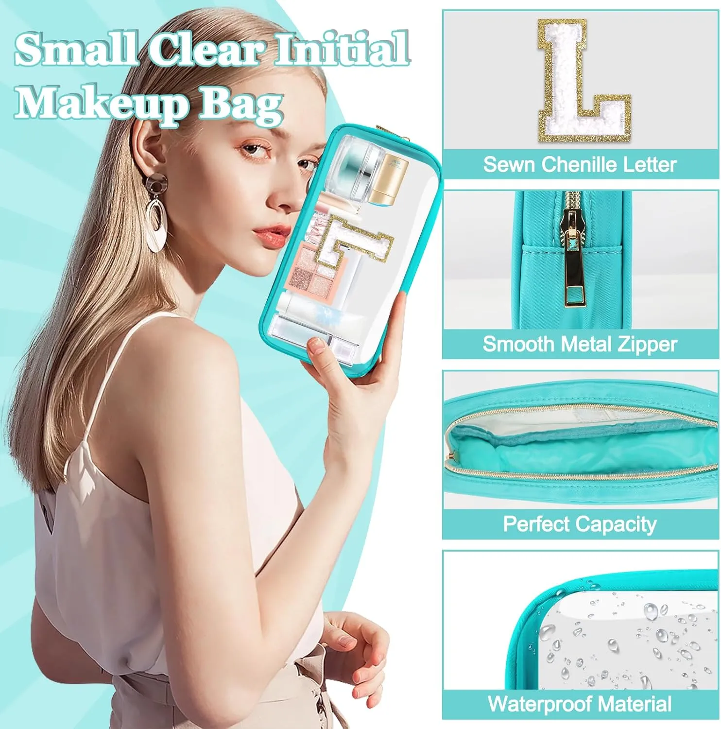 Small Clear Personalized Initial Makeup Bag,Nylon Preppy A-Z Chenille Letter Patch Cosmetic Pouch Beach Toiletry Bag,Waterproof Zipper Travel Purse Storage Bag Organizer for Women Girls(Cyan-White L)