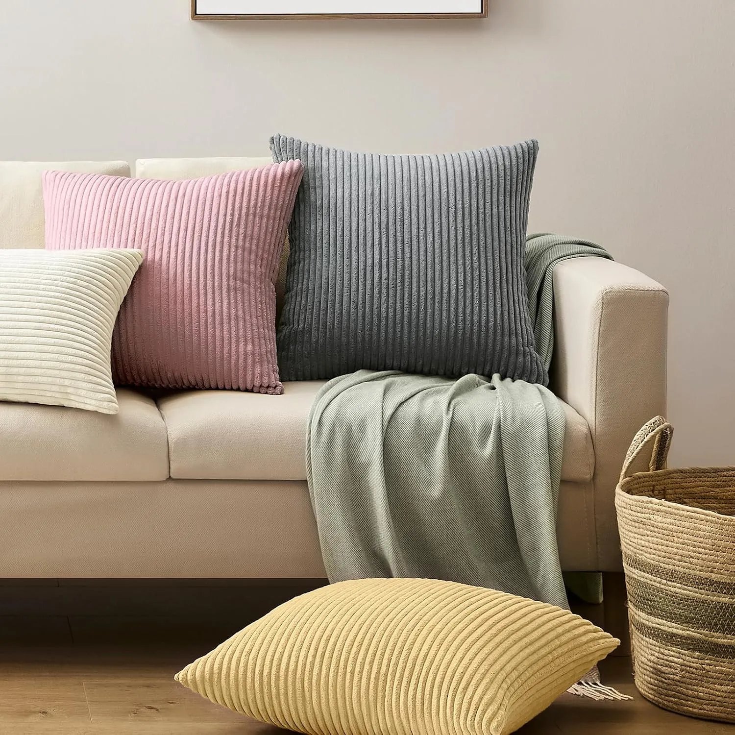 Softalker Corduroy Decorative Pillow Covers 24 x 24, Set of 2 Soft Striped Throw Pillows Cover, Square Accent Pillow Cases Decor for Sofa Couch Cushion Living Room Bed, Blush