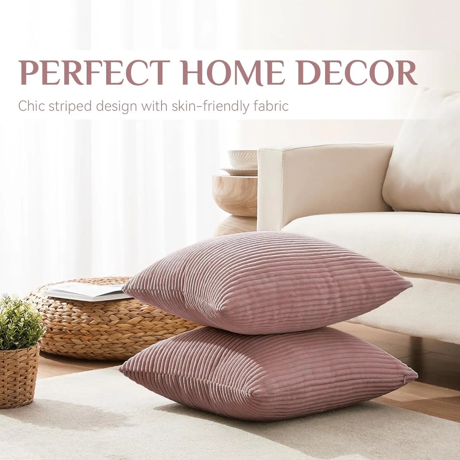 Softalker Corduroy Decorative Pillow Covers 24 x 24, Set of 2 Soft Striped Throw Pillows Cover, Square Accent Pillow Cases Decor for Sofa Couch Cushion Living Room Bed, Blush