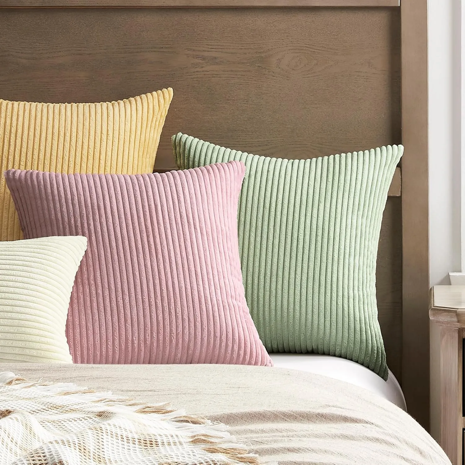 Softalker Corduroy Decorative Pillow Covers 24 x 24, Set of 2 Soft Striped Throw Pillows Cover, Square Accent Pillow Cases Decor for Sofa Couch Cushion Living Room Bed, Blush