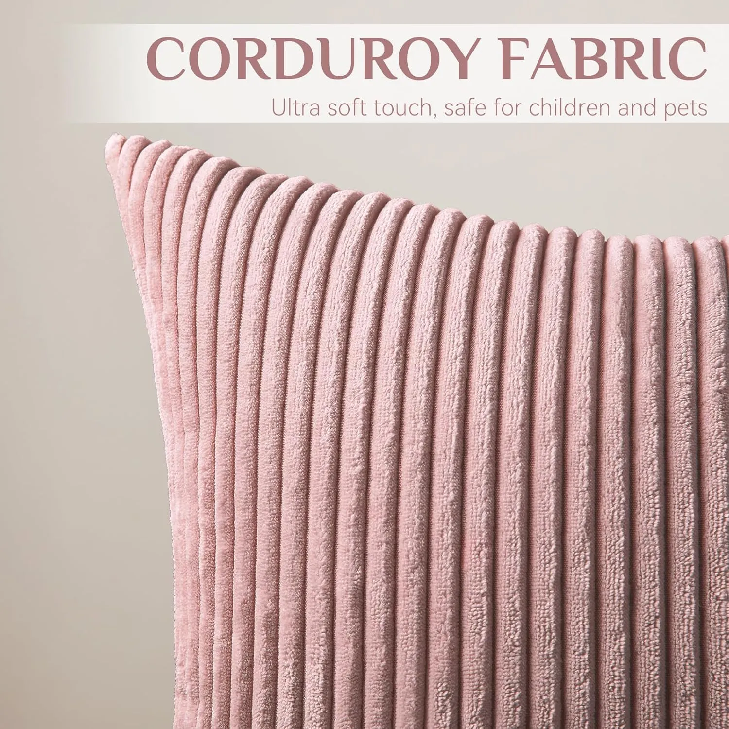 Softalker Corduroy Decorative Pillow Covers 24 x 24, Set of 2 Soft Striped Throw Pillows Cover, Square Accent Pillow Cases Decor for Sofa Couch Cushion Living Room Bed, Blush