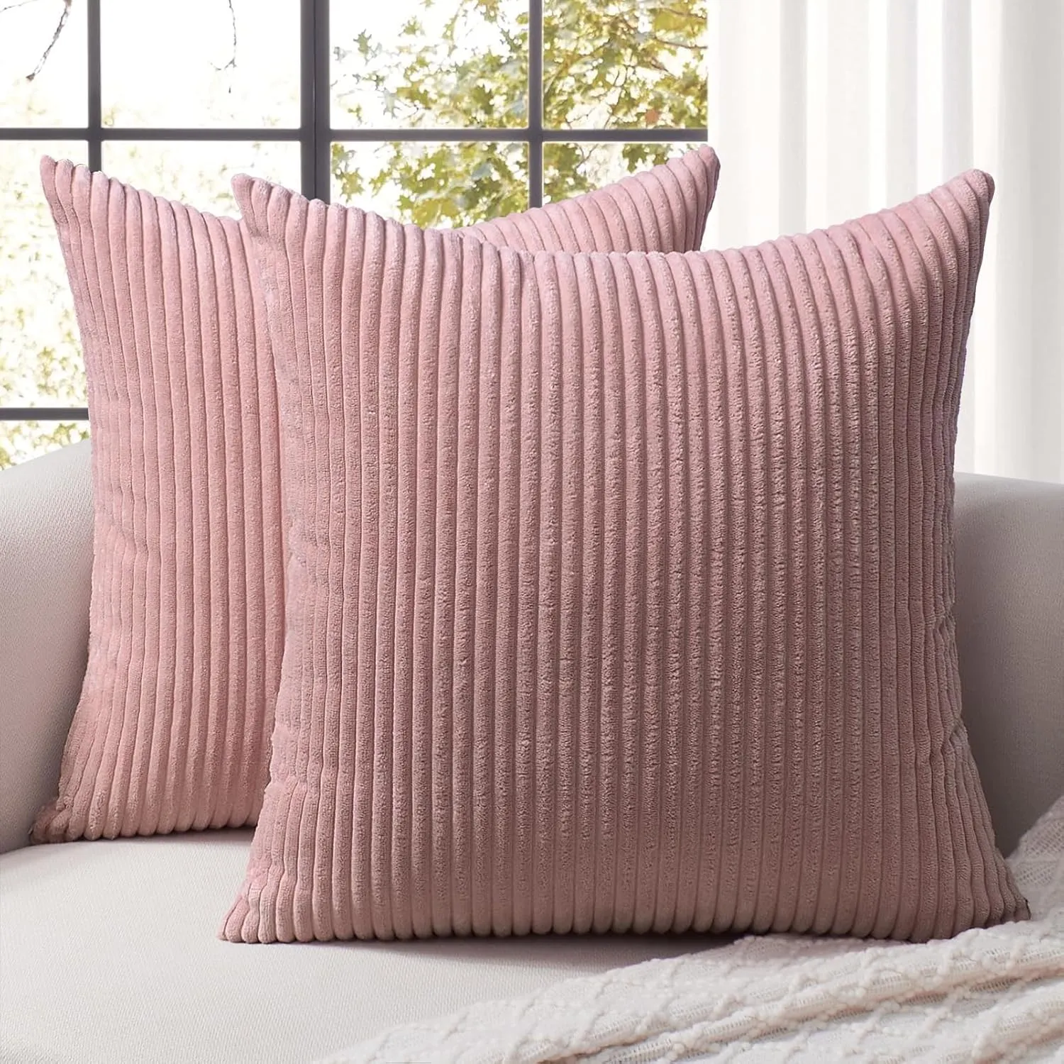 Softalker Corduroy Decorative Pillow Covers 24 x 24, Set of 2 Soft Striped Throw Pillows Cover, Square Accent Pillow Cases Decor for Sofa Couch Cushion Living Room Bed, Blush