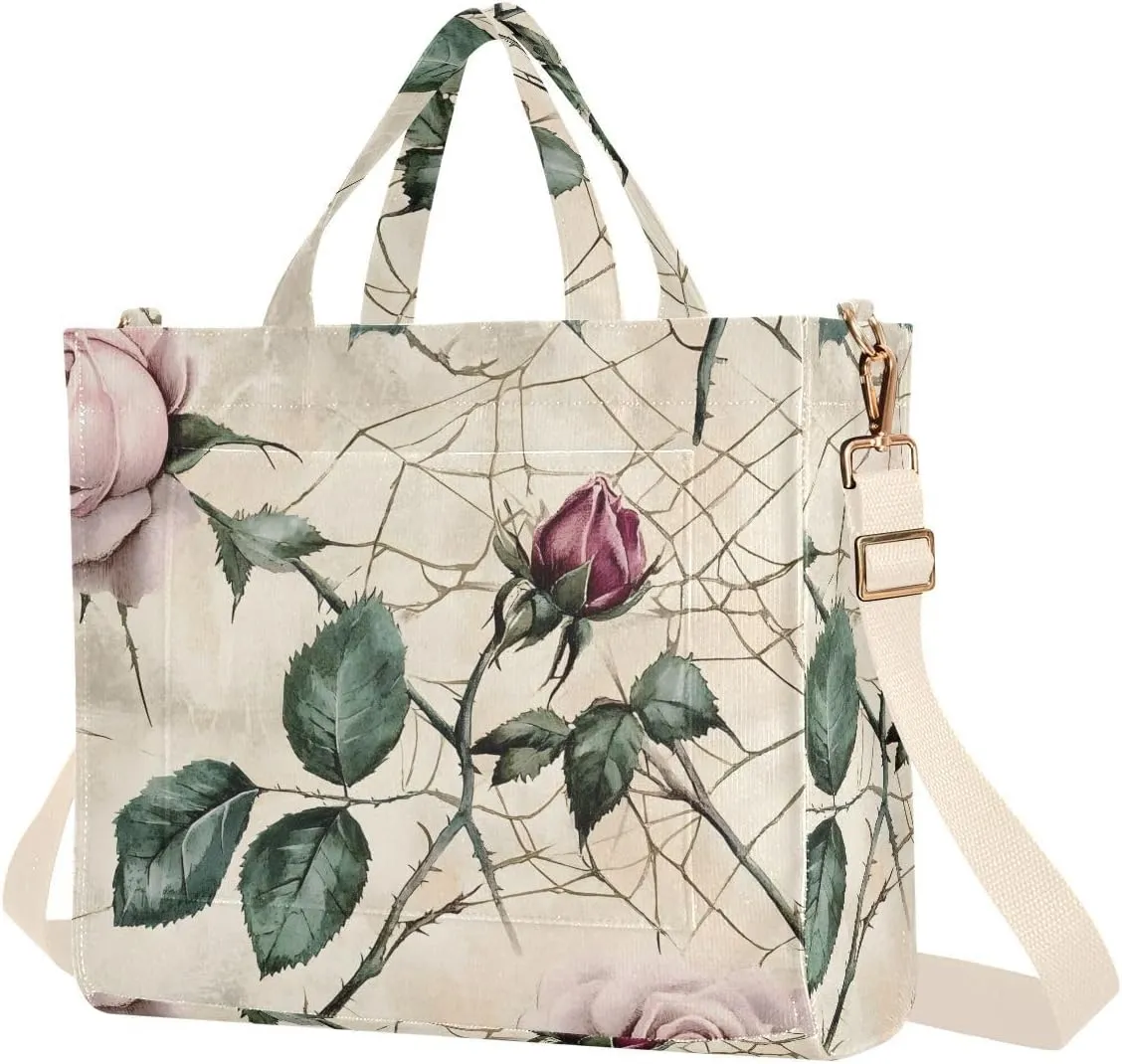 Spin Rose Corduroy Tote Versatile Shoulder Bag for Women with Zipper Magnetic Clasp