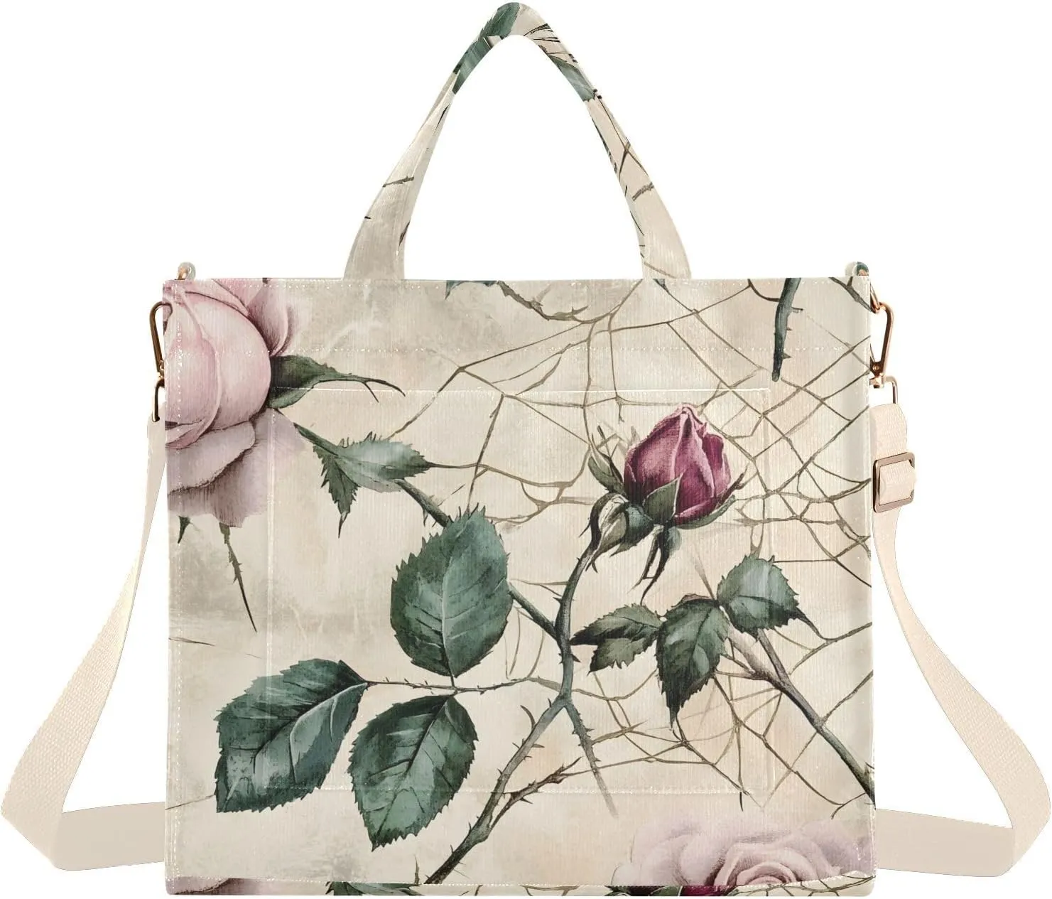 Spin Rose Corduroy Tote Versatile Shoulder Bag for Women with Zipper Magnetic Clasp