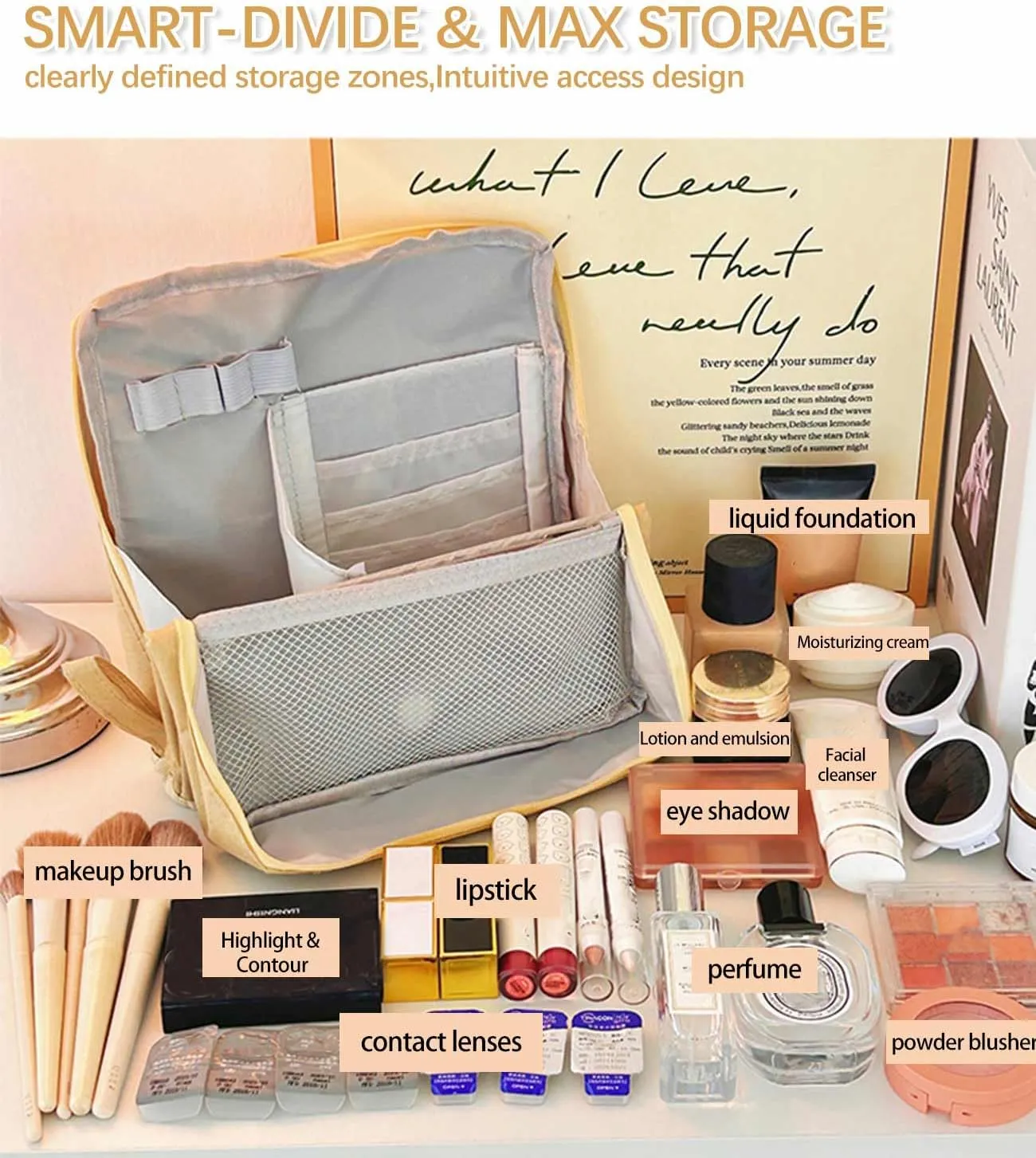 Standing Makeup Bag with Dividers Large Open Top Cosmetic Organizer, Multi-Compartment Travel Toiletry Bag for Women (Beige)