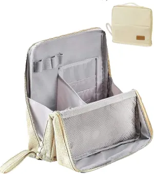 Standing Makeup Bag with Dividers Large Open Top Cosmetic Organizer, Multi-Compartment Travel Toiletry Bag for Women (Beige)