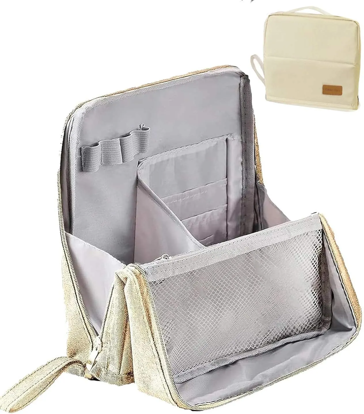 Standing Makeup Bag with Dividers Large Open Top Cosmetic Organizer, Multi-Compartment Travel Toiletry Bag for Women (Beige)
