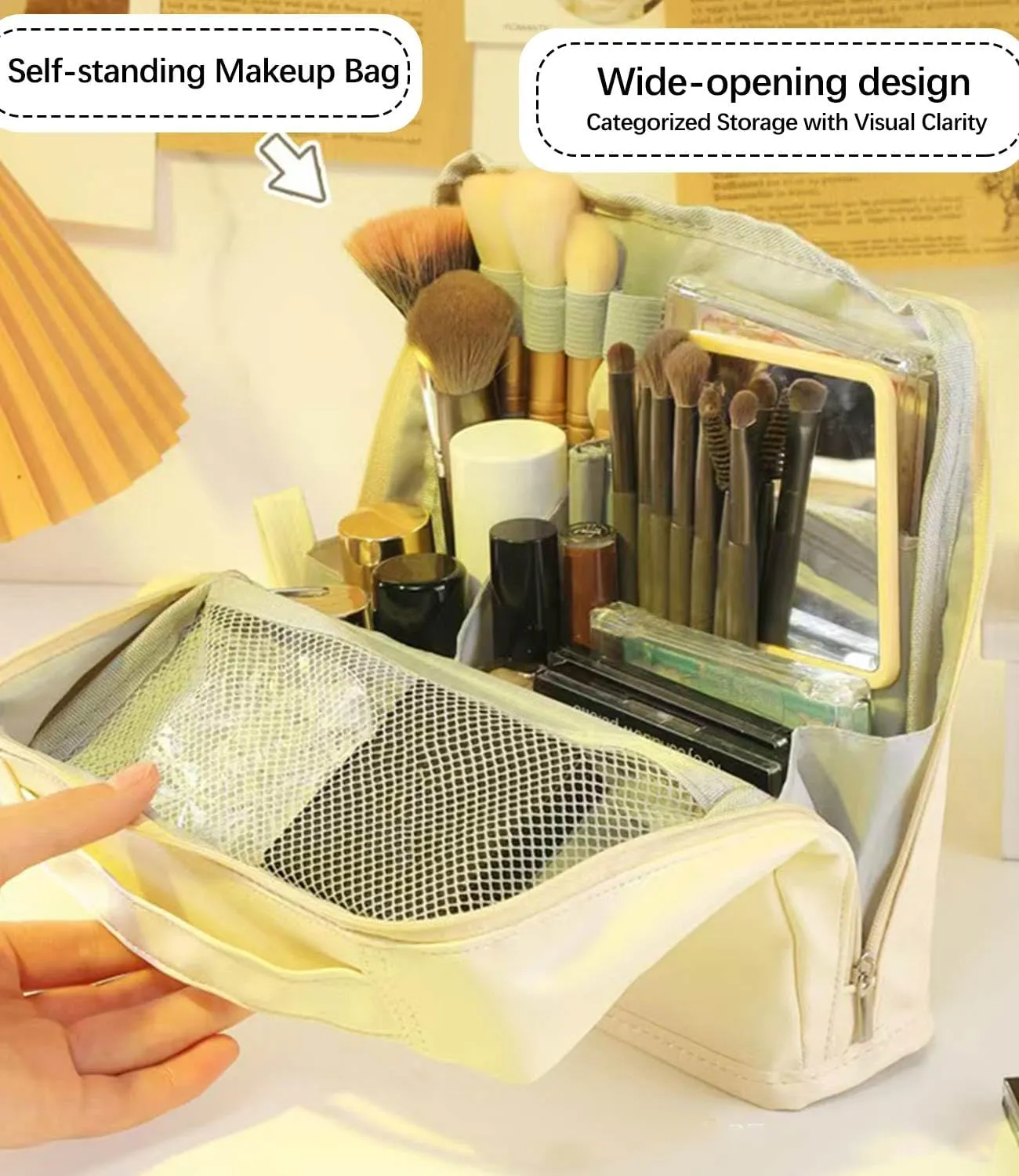 Standing Makeup Bag with Dividers Large Open Top Cosmetic Organizer, Multi-Compartment Travel Toiletry Bag for Women (Beige)