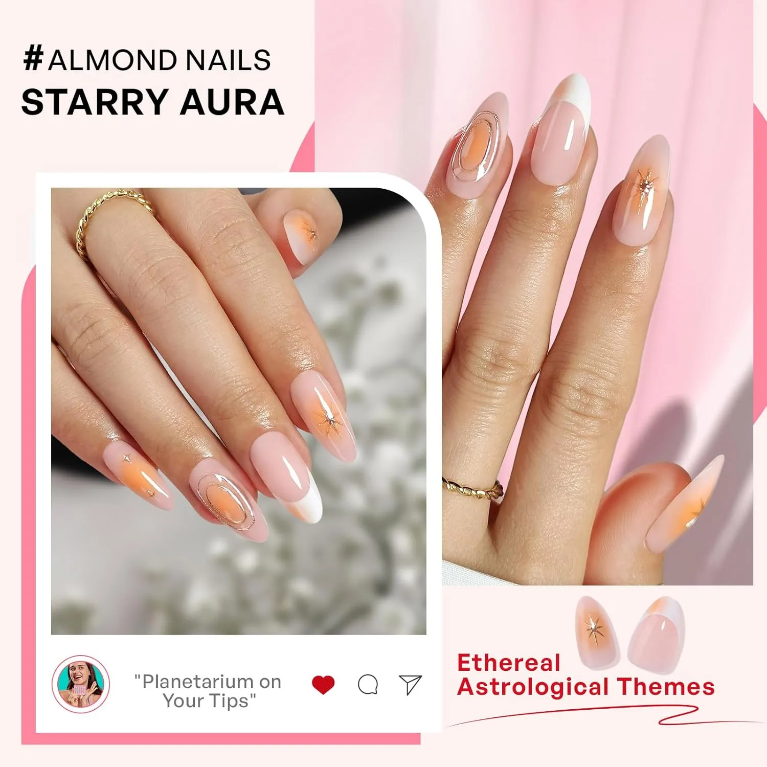 Star Celestial Press On Nails Almond - GJZEZ Medium 3D Gold Swirl Blush Fake Nails, Fits Natural & Comfortable French Tips Glossy Wedding Nails |16 Sizes - 32 Reusable Nail Kit with Glue, Starry Aura