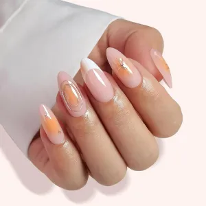 Star Celestial Press On Nails Almond - GJZEZ Medium 3D Gold Swirl Blush Fake Nails, Fits Natural & Comfortable French Tips Glossy Wedding Nails |16 Sizes - 32 Reusable Nail Kit with Glue, Starry Aura