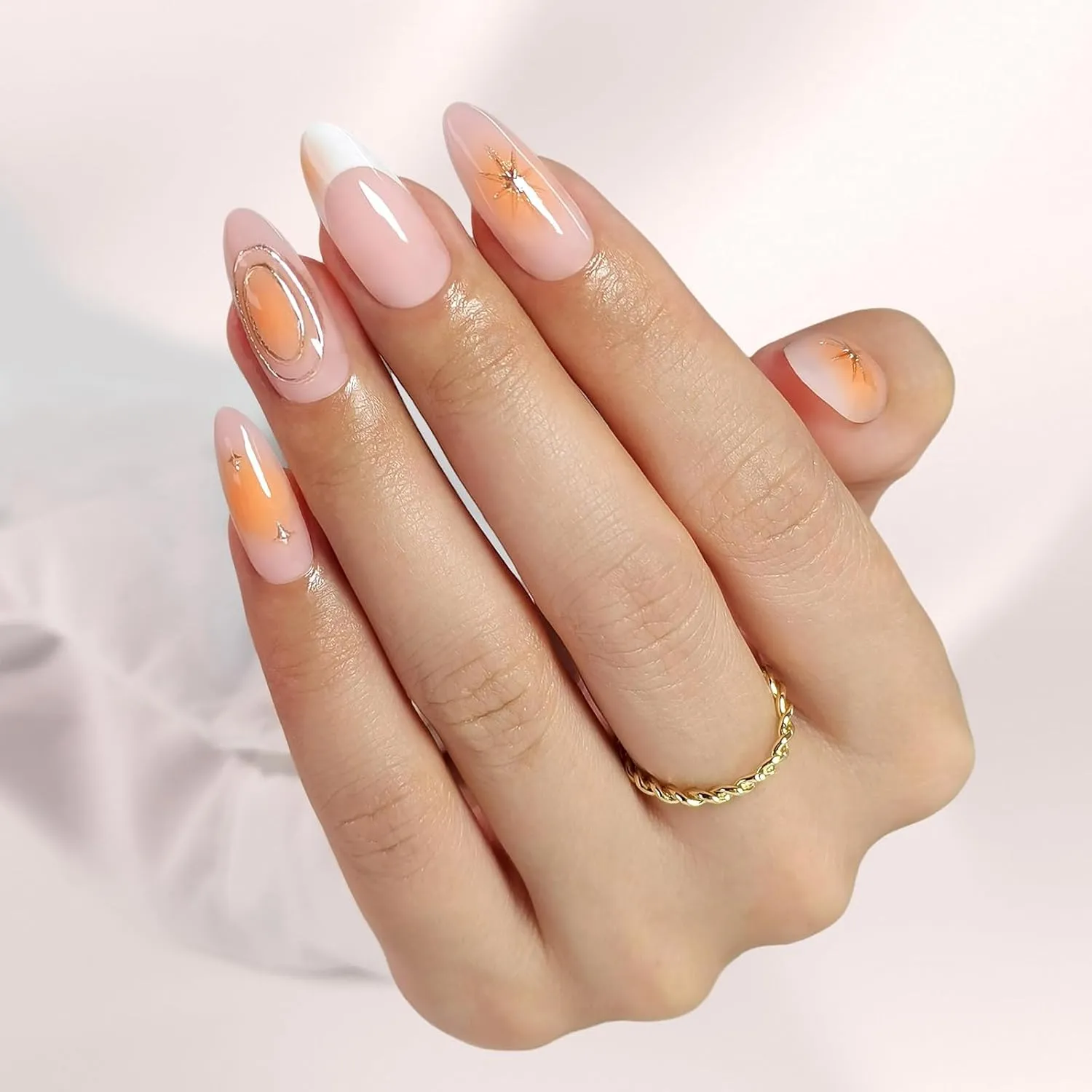 Star Celestial Press On Nails Almond - GJZEZ Medium 3D Gold Swirl Blush Fake Nails, Fits Natural & Comfortable French Tips Glossy Wedding Nails |16 Sizes - 32 Reusable Nail Kit with Glue, Starry Aura