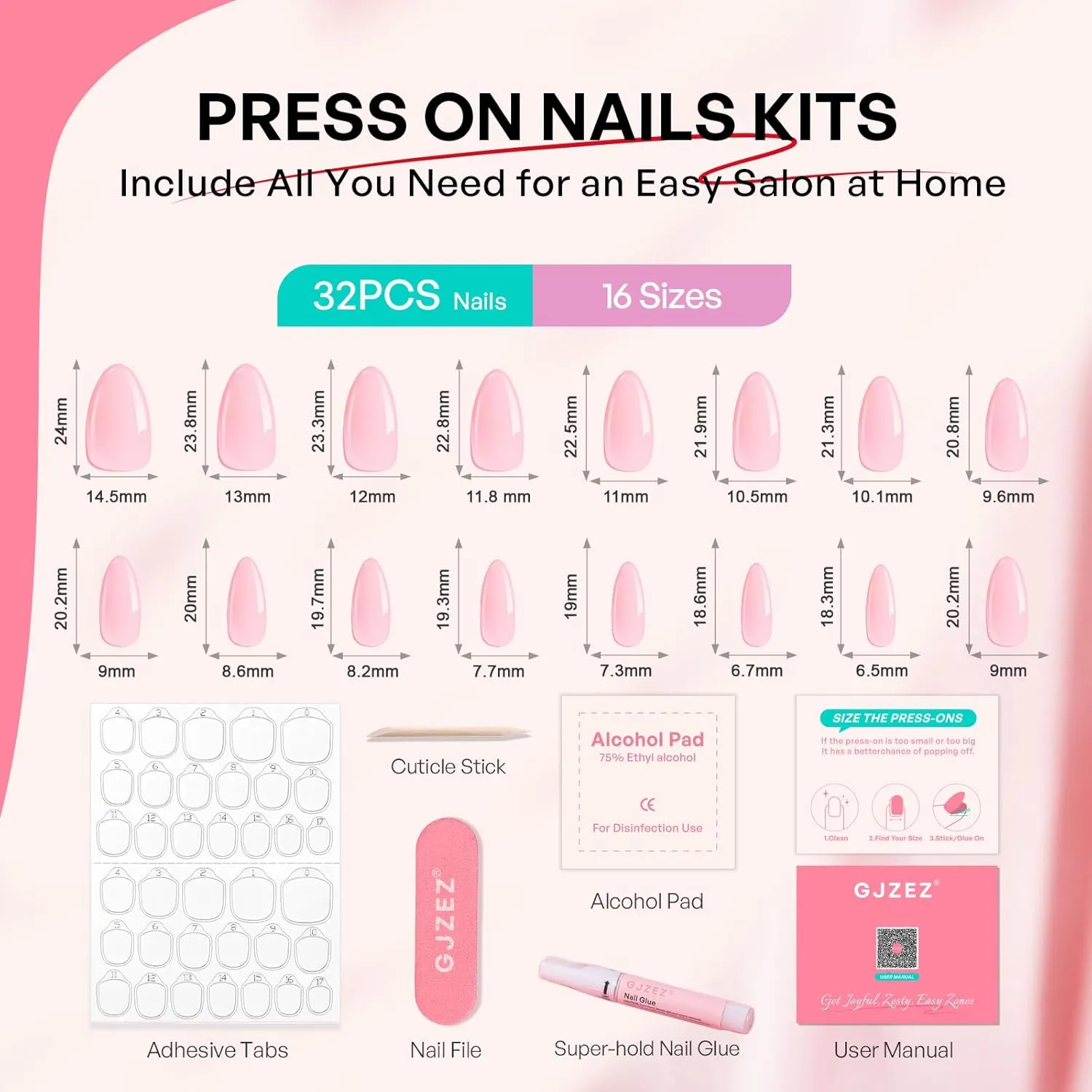 Star Celestial Press On Nails Almond - GJZEZ Medium 3D Gold Swirl Blush Fake Nails, Fits Natural & Comfortable French Tips Glossy Wedding Nails |16 Sizes - 32 Reusable Nail Kit with Glue, Starry Aura